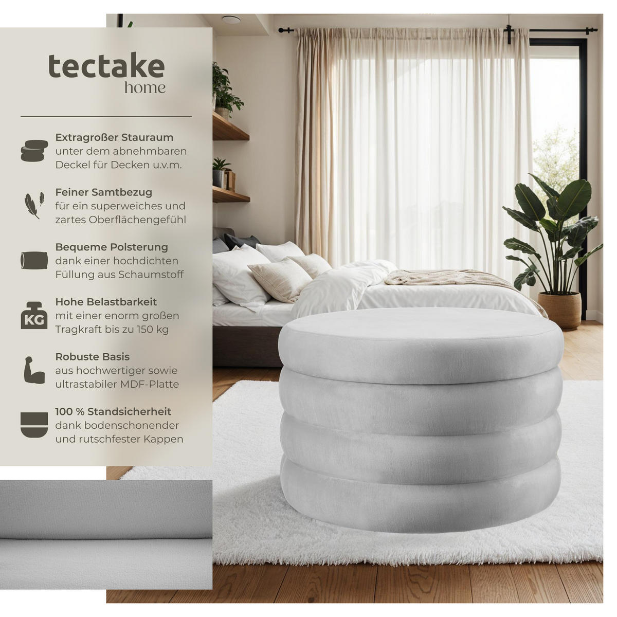 SITZHOCKER mit Stauraum Altu Xl,67 x 42 cm,Samtoptik grau - Samtahornfarben, Holz (67/42/67cm) - tectake