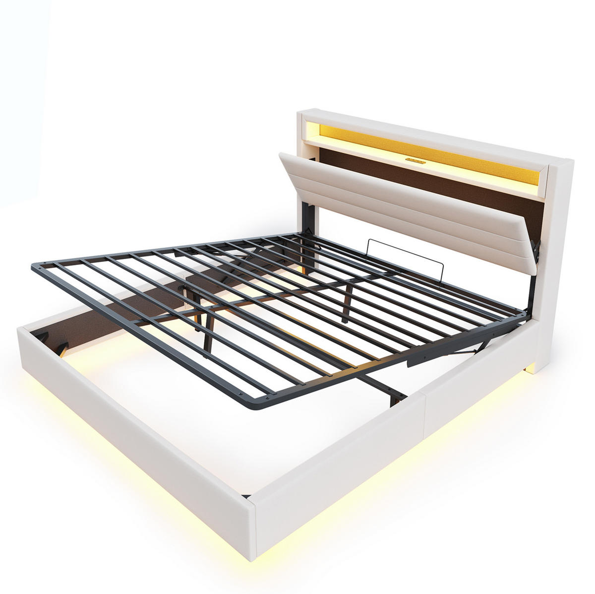 POLSTERBETT mit Bettkasten 160/200 cm mit LED-Beleuchtung und USB, Beige - Beige, Textil (160/200cm) - BEAOK