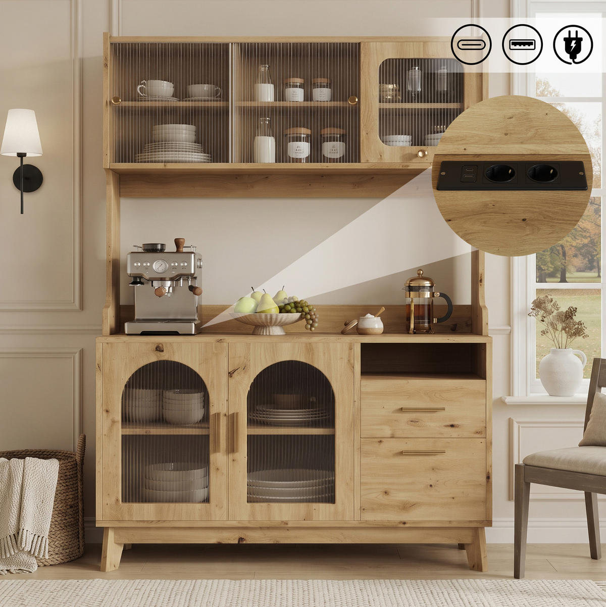 HOCHSCHRANK aus Spanplatte 120x40x178 cm Holzfarben mit Steckdosen und USB-Anschlüssen - Eichefarben, Holzwerkstoff (120/178/40cm) - IVMEU