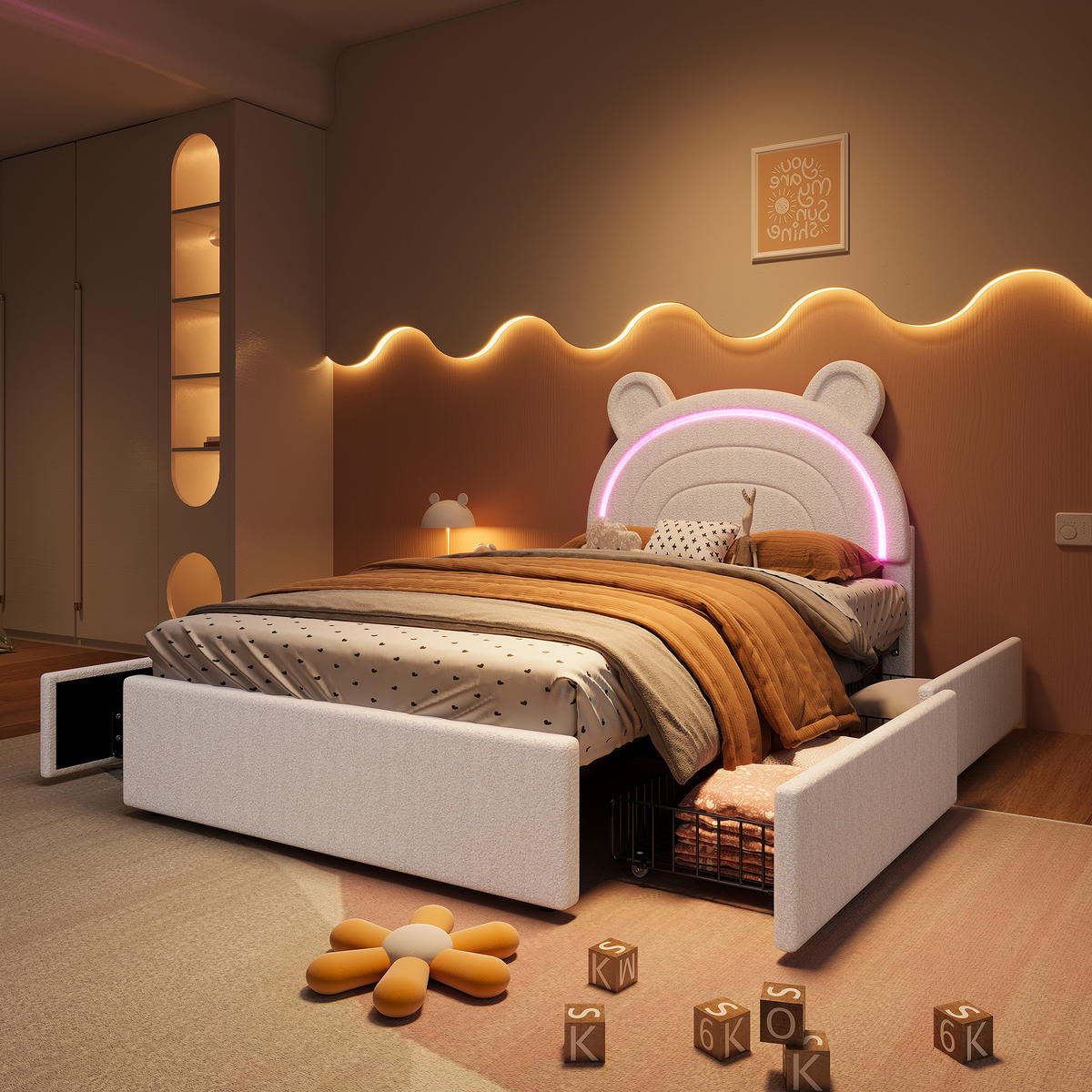 STAURAUMBETT 90/200 cm mit Bären-Kopfteil und 4 Schubladen, DE-41734, in Beige - Beige, Holzwerkstoff (90/200cm) - ComfortXL