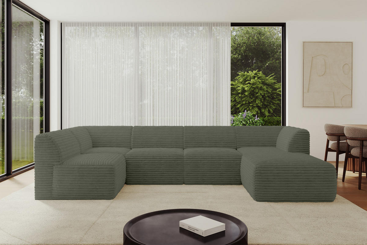 WOHNLANDSCHAFT Ottomane Rechts MOVO-L 345x180x78 cm Olivgrün Cord - Olivgrün, Holzwerkstoff/Kunststoff (180/78/345cm) - ALTDECOR