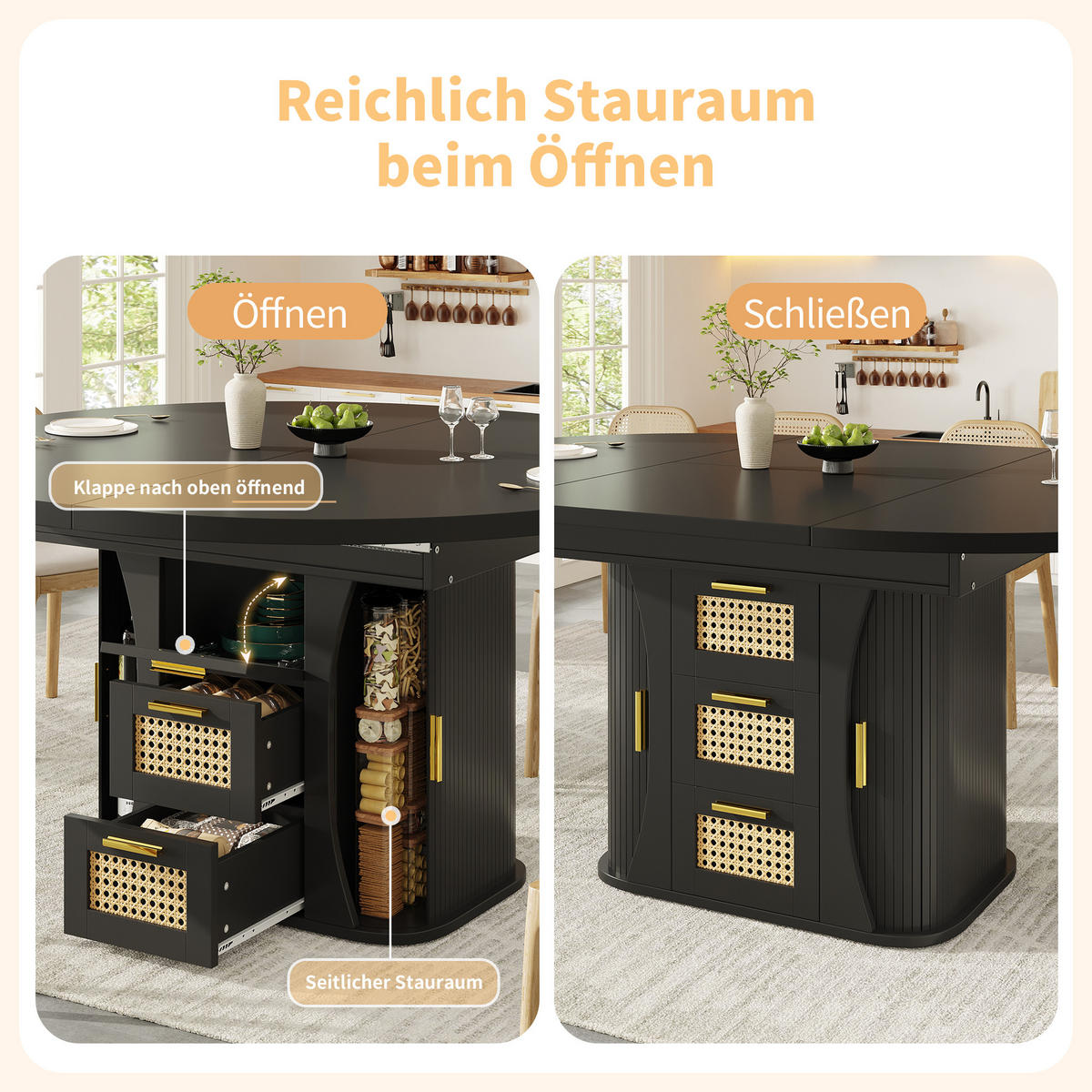 ESSTISCH Ausziehbar 118-158Cm Stauraum Rattan Schwarz - Schwarz, Holzwerkstoff (118/118/77.1cm) - FLIEKS