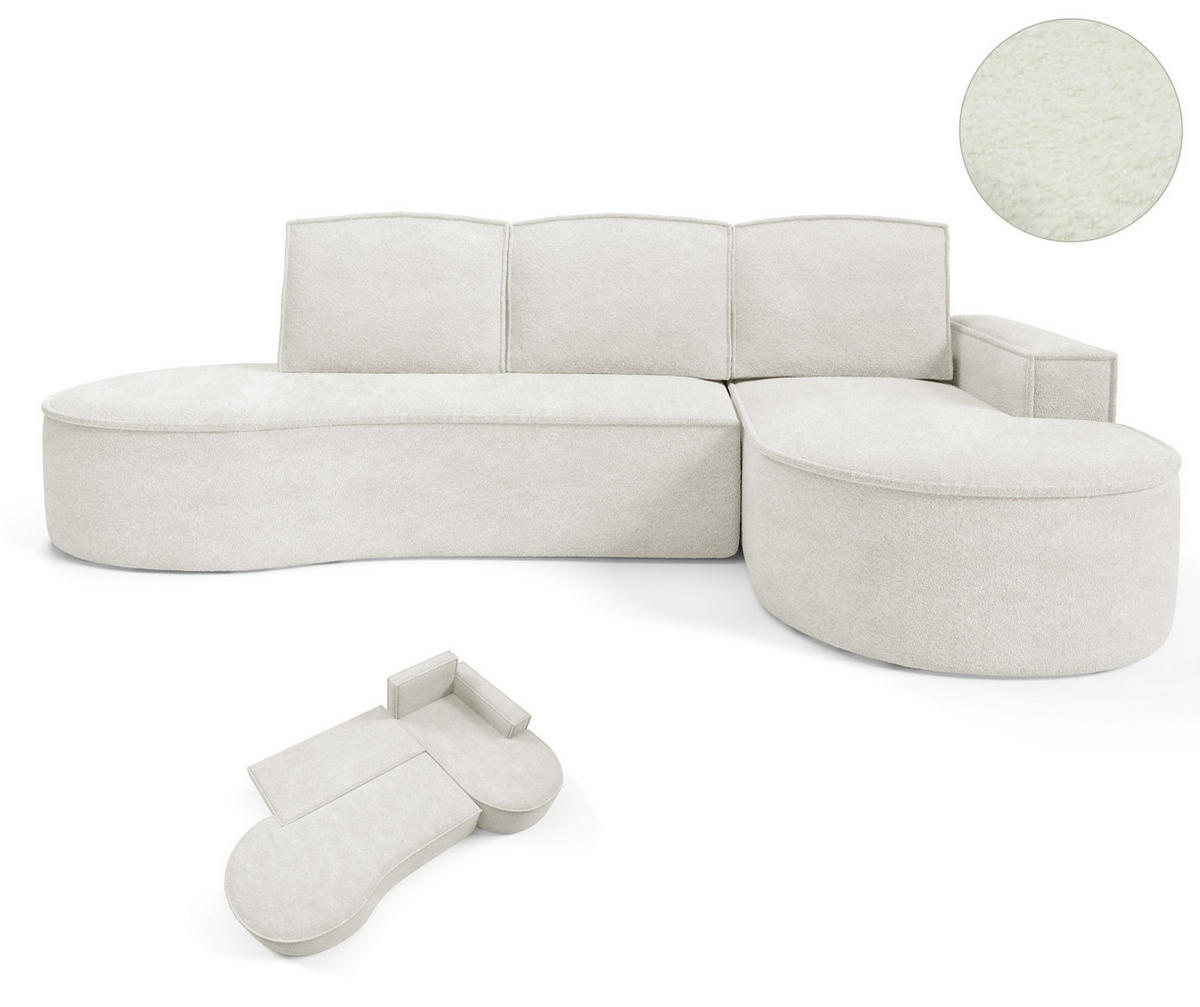 ECKSOFA MOLLY mit Schlaffunktion – Halbrund, freistehend, Liegefläche 140x207 cm, 3 Kissen, Curio-Stoff, 277x157x88 cm, Rechts, Weiß - Weiß, Holz/Textil (277/157cm) - DomoHome