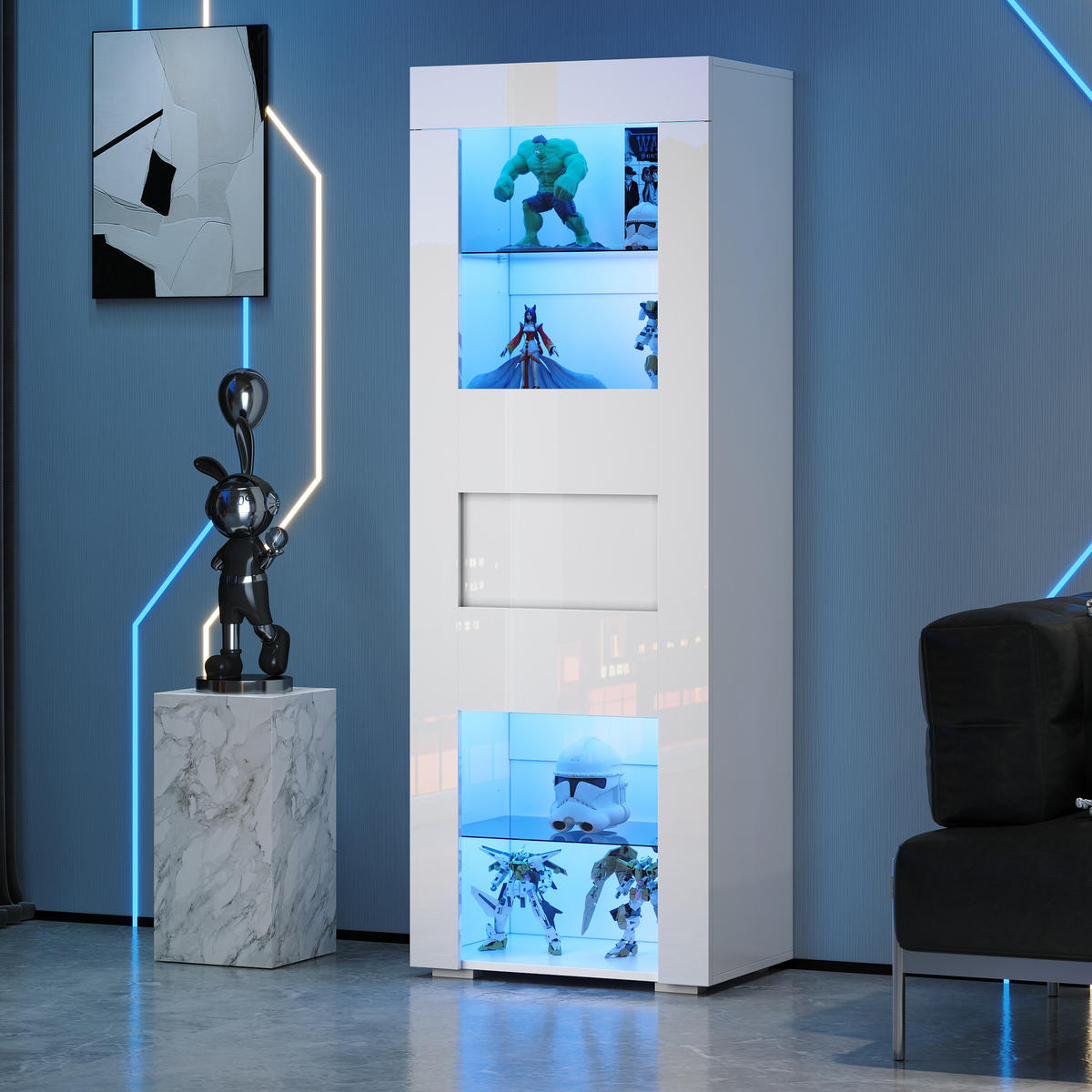 VITRINE weiß aus MDF mit Acryltür, verstellbaren Glasböden und App-gesteuerter LED-Beleuchtung 60 × 40 × 170 cm - Weiß, Holzwerkstoff (60/170/40cm) - Luhomfu