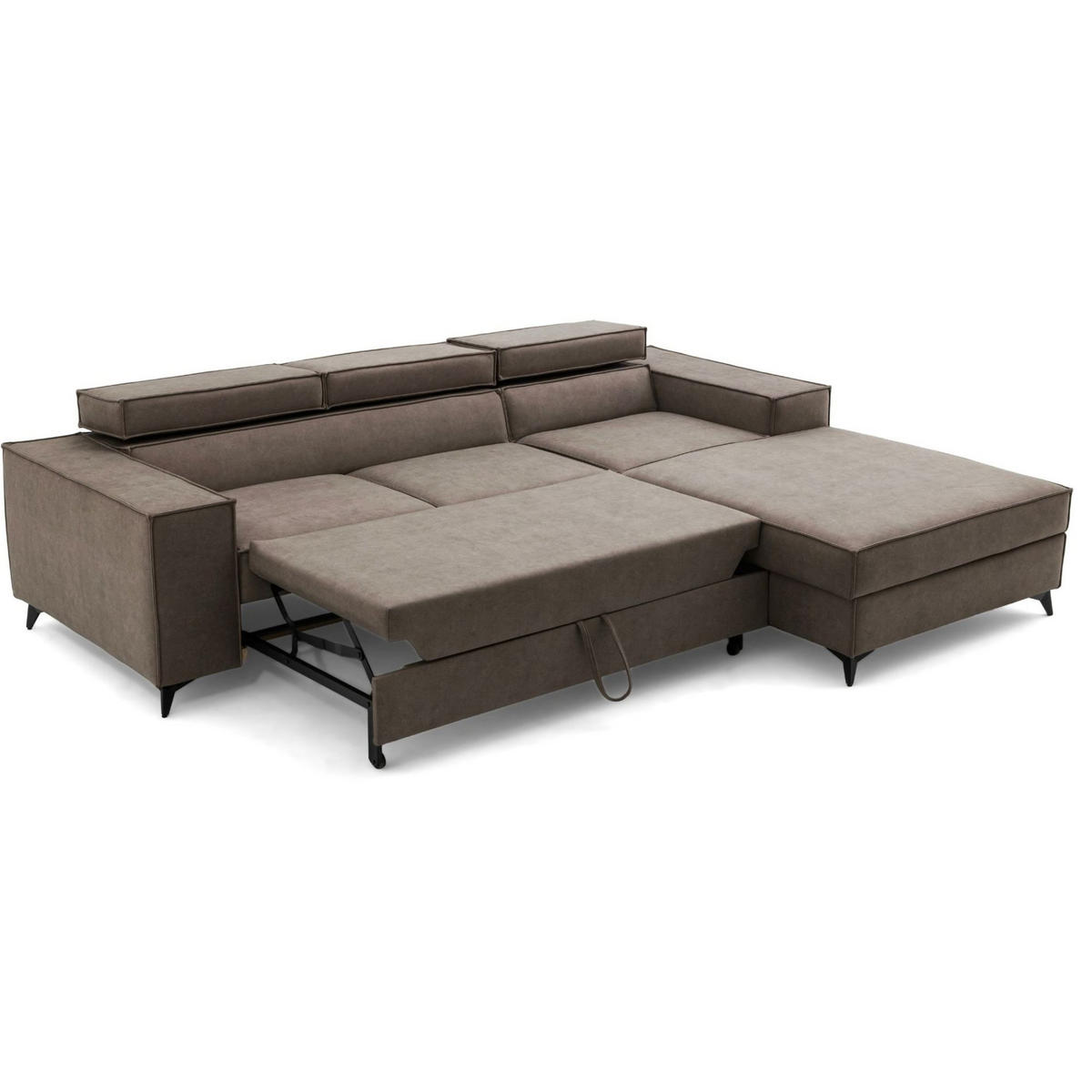 ECKSOFA PURE S Rechts mit Schlaffunktion 127x215 Velours Beige - Beige/Schwarz, Holz/Textil (204/281cm) - Muffo