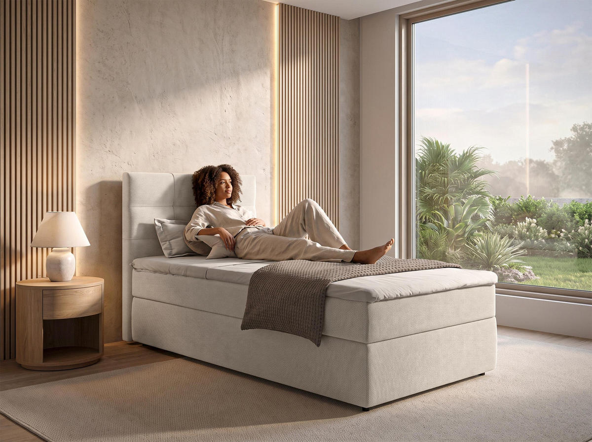 BOXBETT SAKARYA 100x200 cm mit Bettkasten und Matratze - Beige + TOPPER - Beige/Schwarz, Holz/Holzwerkstoff (100/200cm) - AX Living