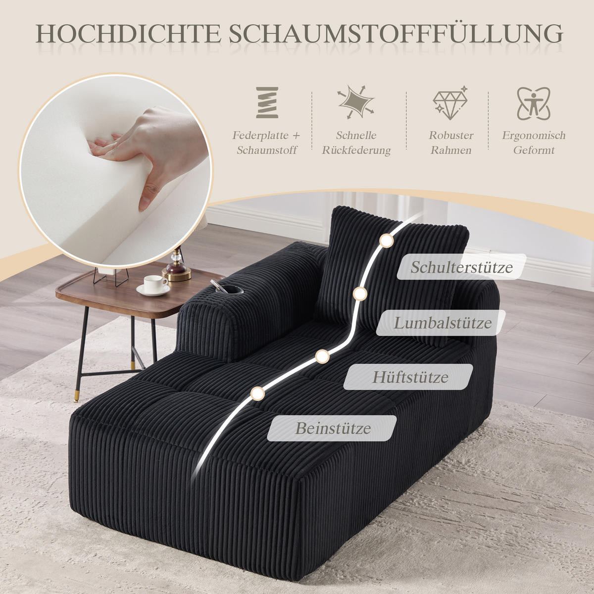 CHAISELONGUE in Cord (158 cm) mit Getränkehalter & Seitentaschen - Schwarz, Textil (158/61/93cm) - Urban Meuble