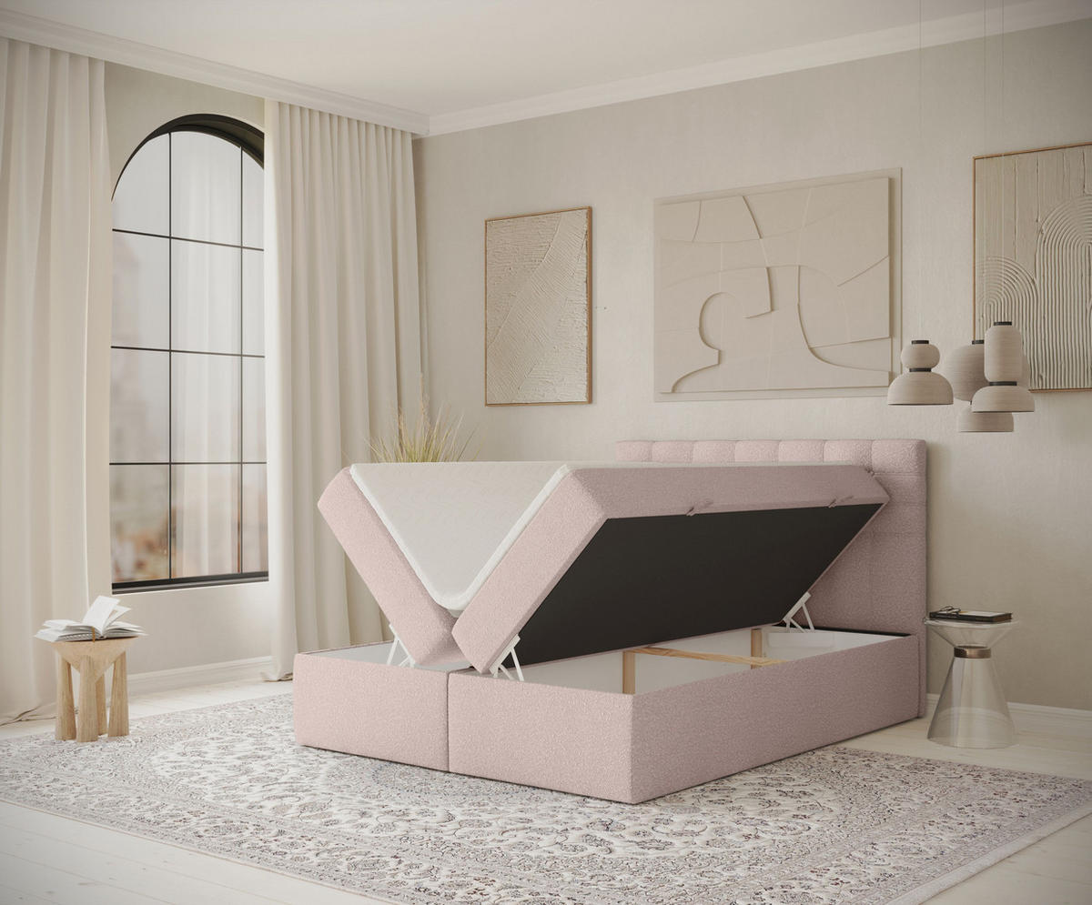 BOXBETT Sansa Hellrosa 200/200 cm mit Taschenmatratze und Topper - Hellrosa/Schwarz, Holz/Holzwerkstoff (200/200cm) - Maison de Reve