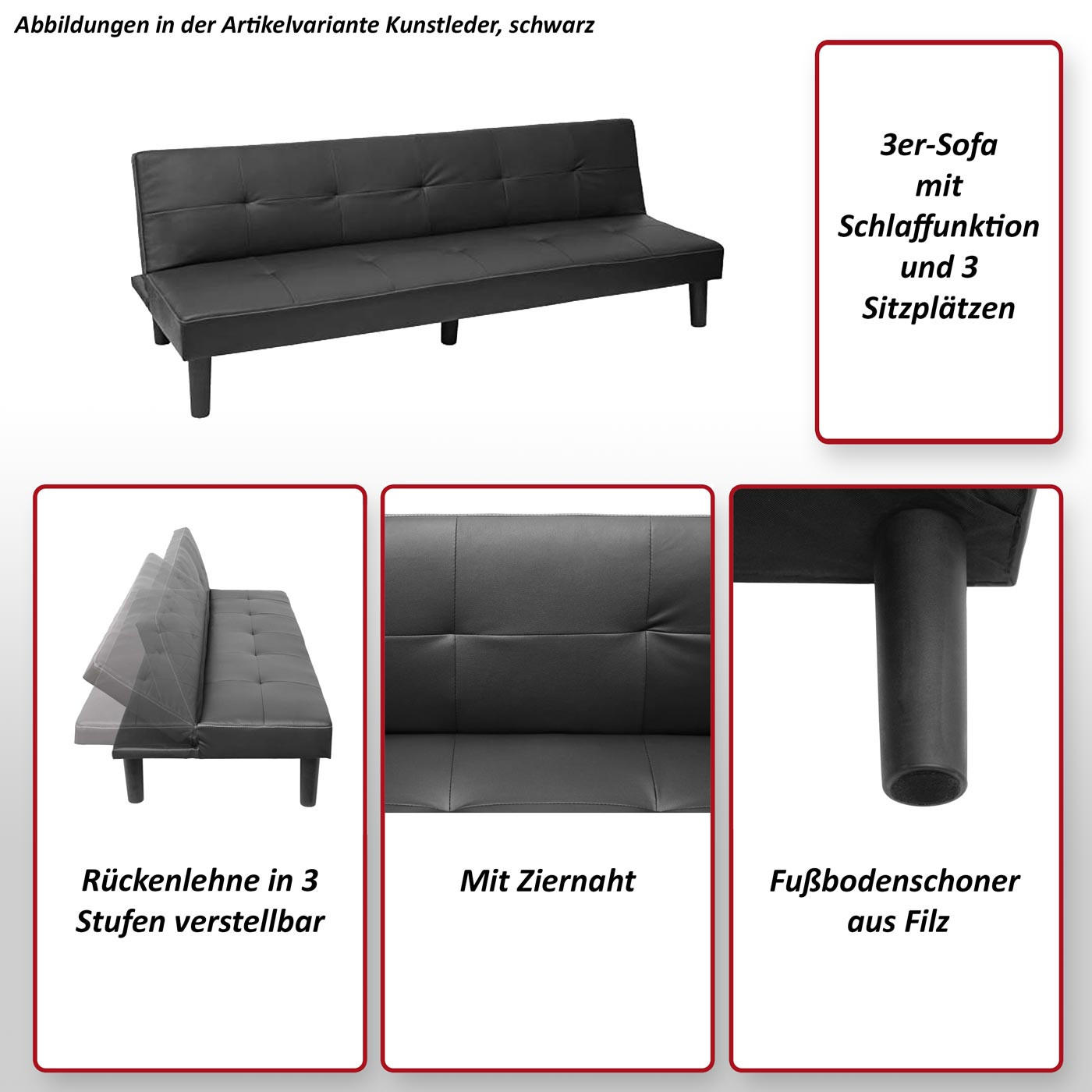 Thumbnail - MCW 3Er-Sofa, Grau, Textil, 195x68x73 cm, Wohnzimmer, Sofas & Couches, Schlafsofas