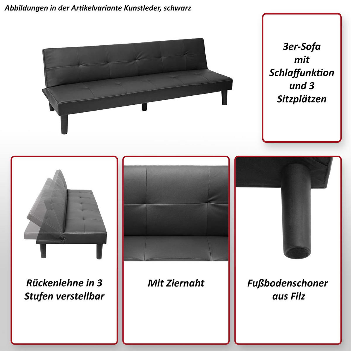 3ER-SOFA Grau - Grau, Textil (195/68/73cm) - MCW