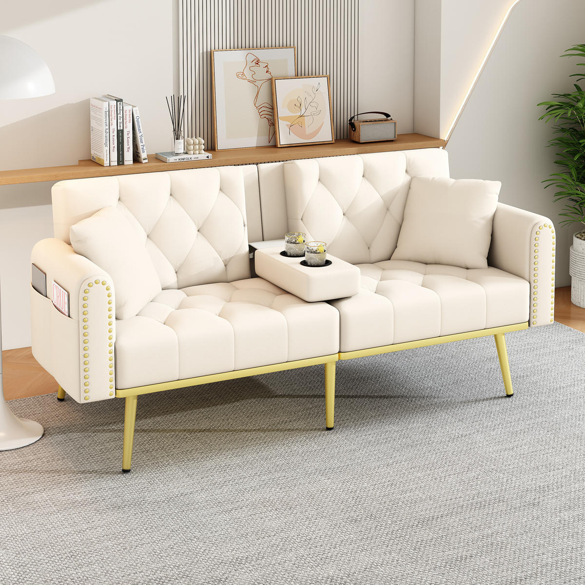 SCHLAFSOFA Samt mit verstellbarer Rückenlehne und Getränkehalter Beige 175/80/73,5 cm - Beige, Textil (73.5/175/80cm) - Redom