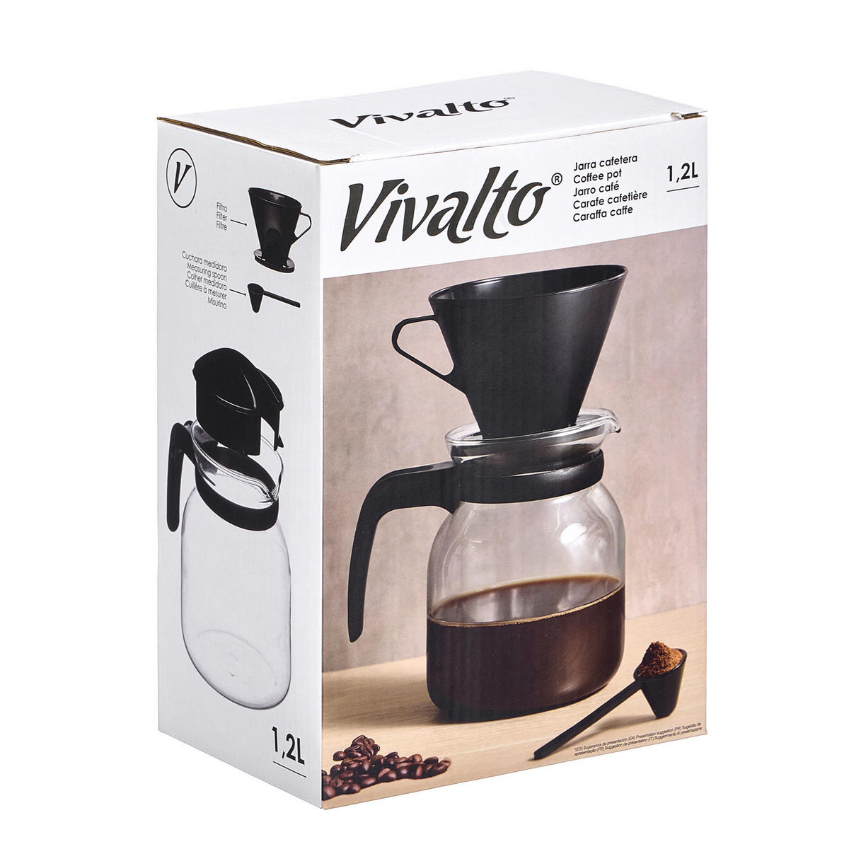 GLASKANNE mit Filter und Deckel 1,2 l - Schwarz, Glas (1.2L) - Vivalto