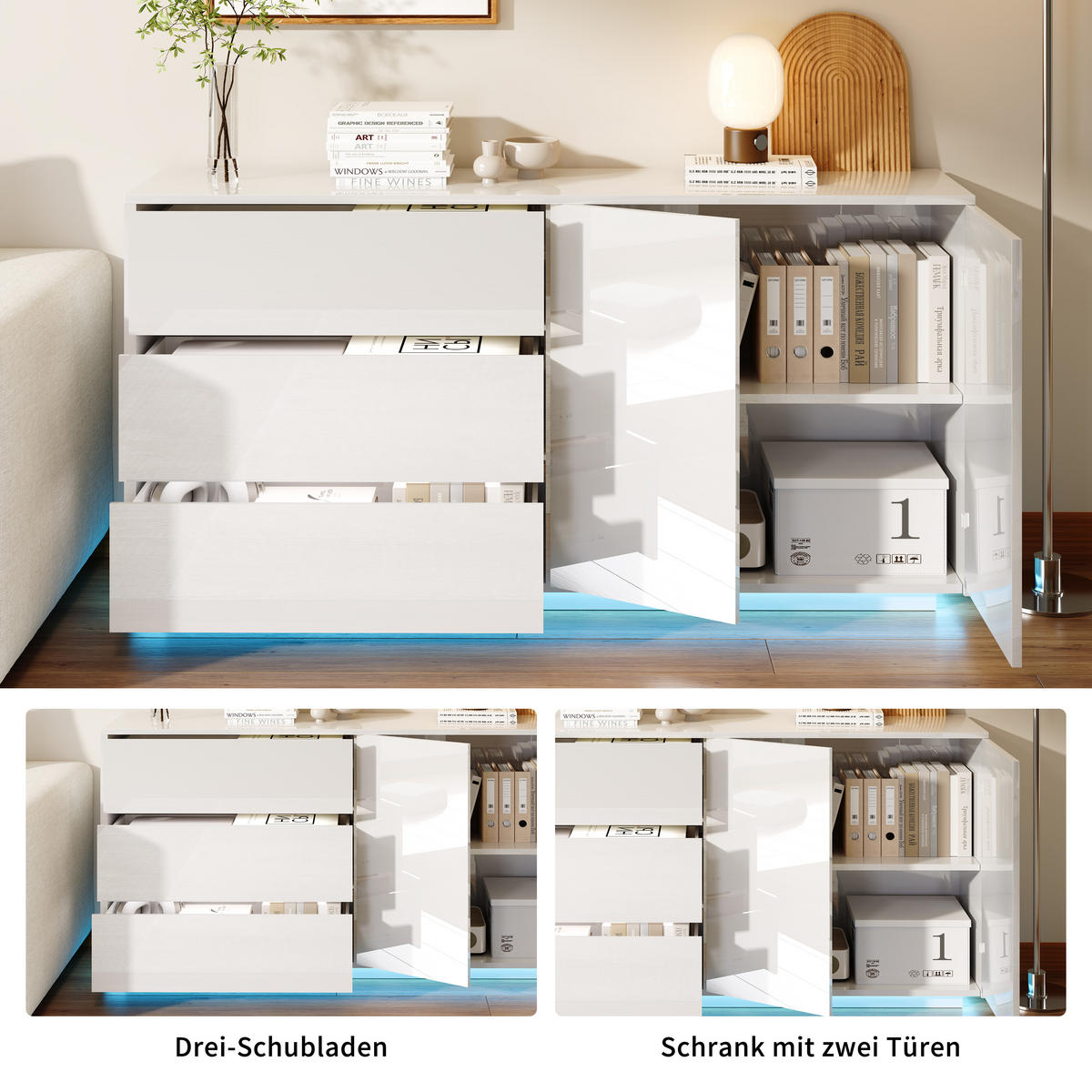 SIDEBOARD WEISS Hochglanz mit LED-Beleuchtung, 3 Schubladen & 2 Türen - Weiß, Holzwerkstoff (35/76/160cm) - SHOPENTRA