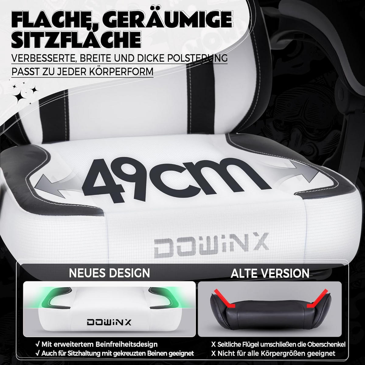 GAMING-STUHL Ergonomischer & Fußstütze Bürostuhl & Lendenwirbelstütze - Weiß, Leder (52/126/49cm)