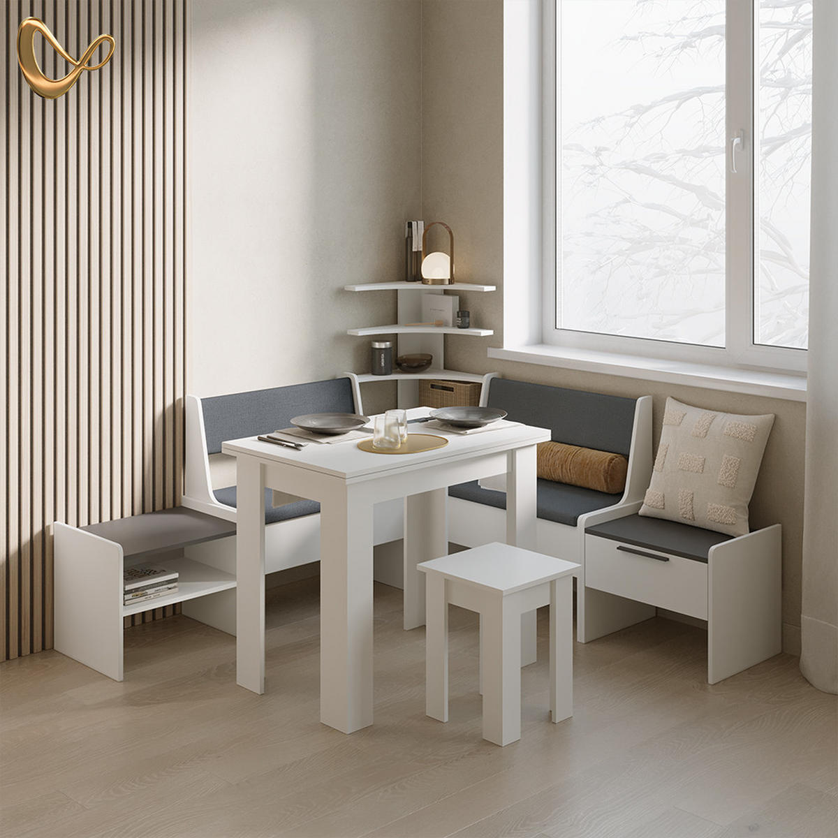 ECKBANKGRUPPE Tiberio Weiß 120 x 120 cm Ohne Tisch - Weiß, Holzwerkstoff (120/120cm) - Livinity®