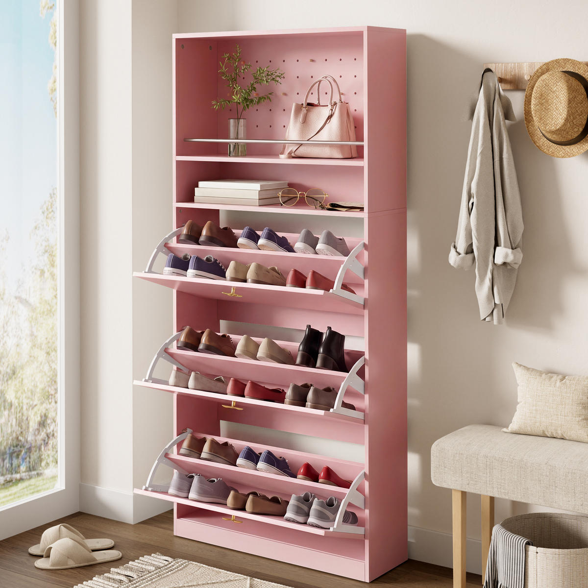 SCHUHSCHRANK 80x24x178.5cm Rosa mit 3 Klappen - Pink, Holzwerkstoff (80/178.5/24cm) - FLIEKS