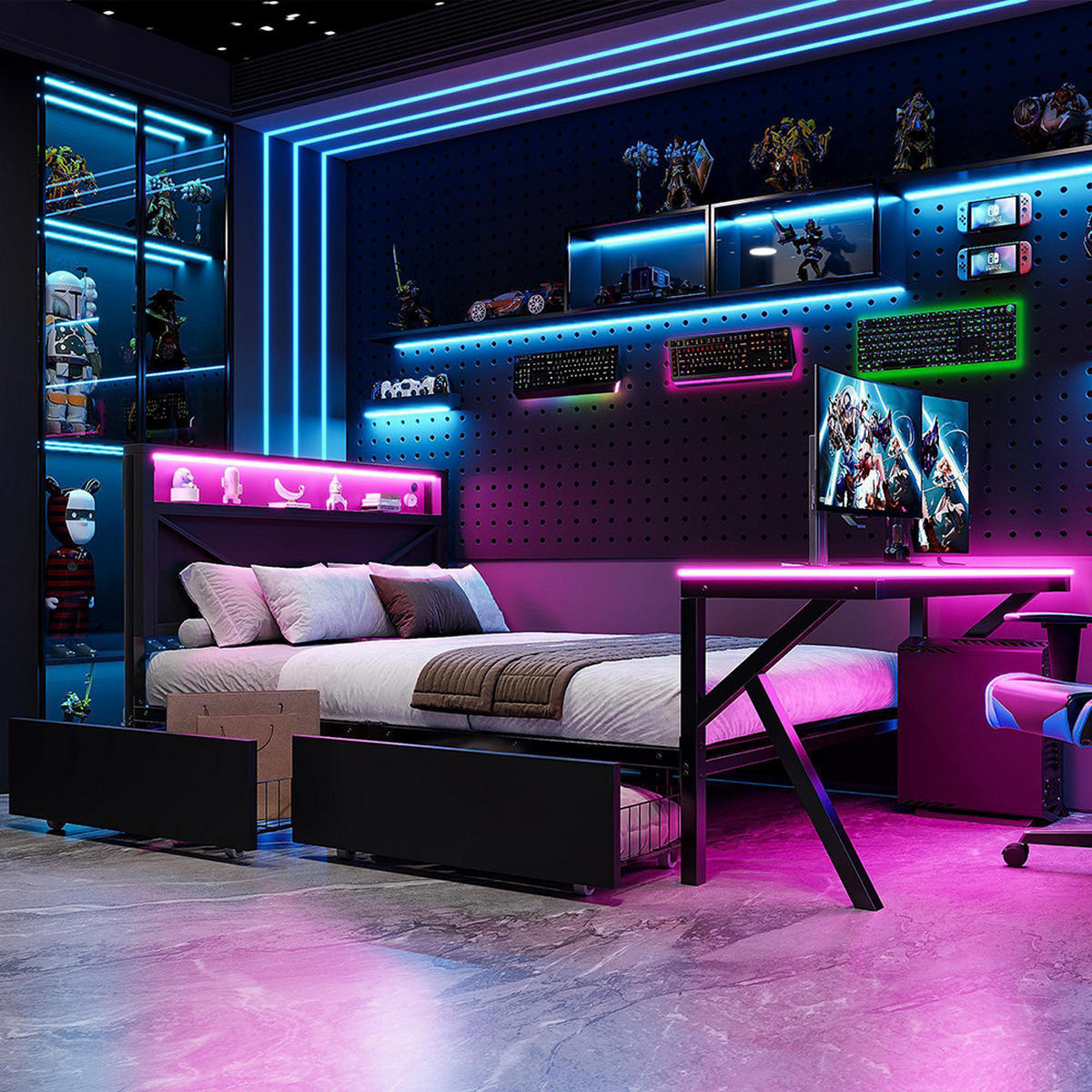 METALLBETT 140x200 cm mit LED-Kopfteil, Schwarz - Schwarz, Metall (140/200cm) - KOMHTOM