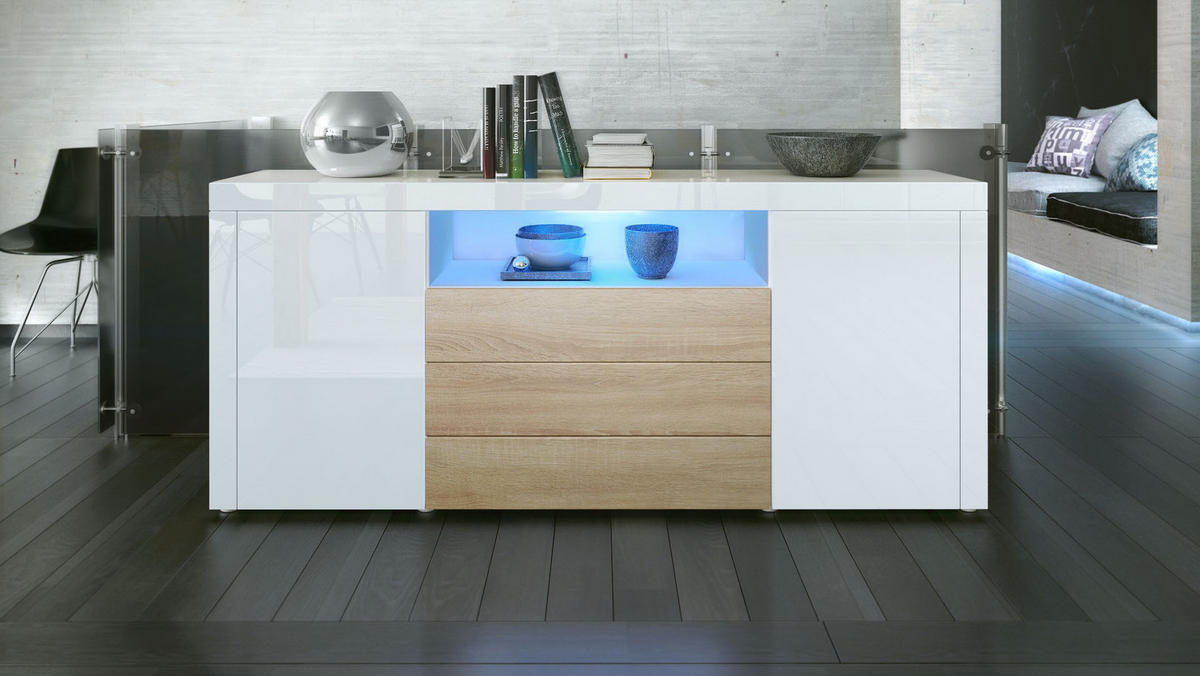 SIDEBOARD Santiago Weiß Hochglanz / Eiche sägerau - Weiß Hochglanz, Holzwerkstoff (167/72/35cm) - Vladon