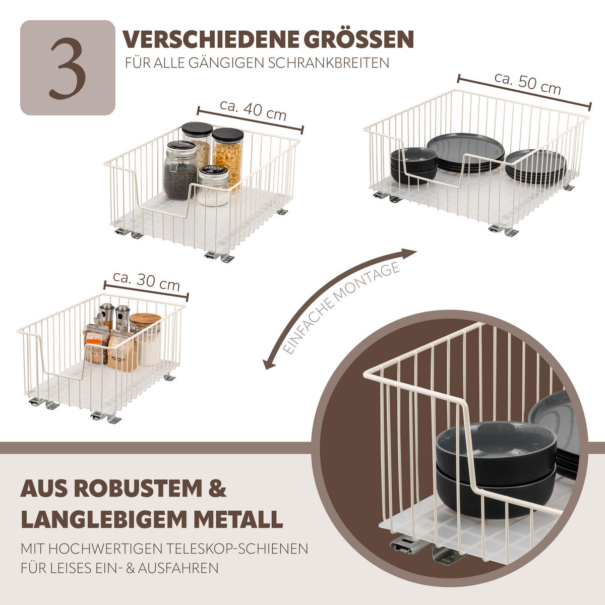 SCHRANK-KORBAUSZUG 50 cm mit Einlegeboden, cremeweiß - Creme, Metall (50/23/50.5cm) - bremermann