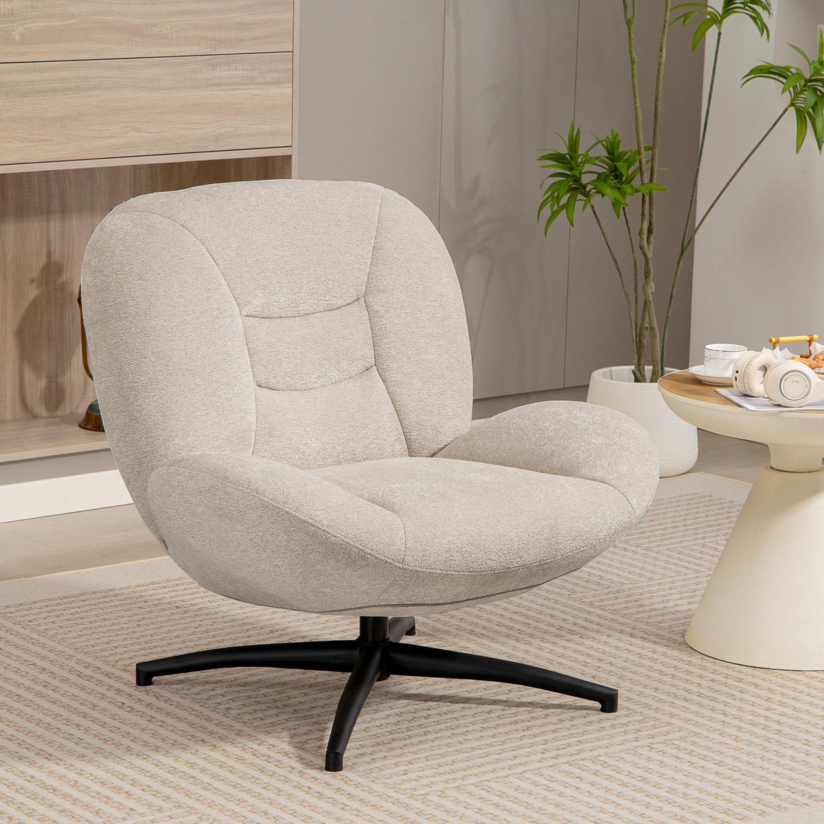 DREHBARER POLSTERSTUHL DE-06900 mit PP-Baumwollfüllung und Stahlbasis Cremeweiß - Creme, Textil/Metall (83/85/89cm) - ComfortXL