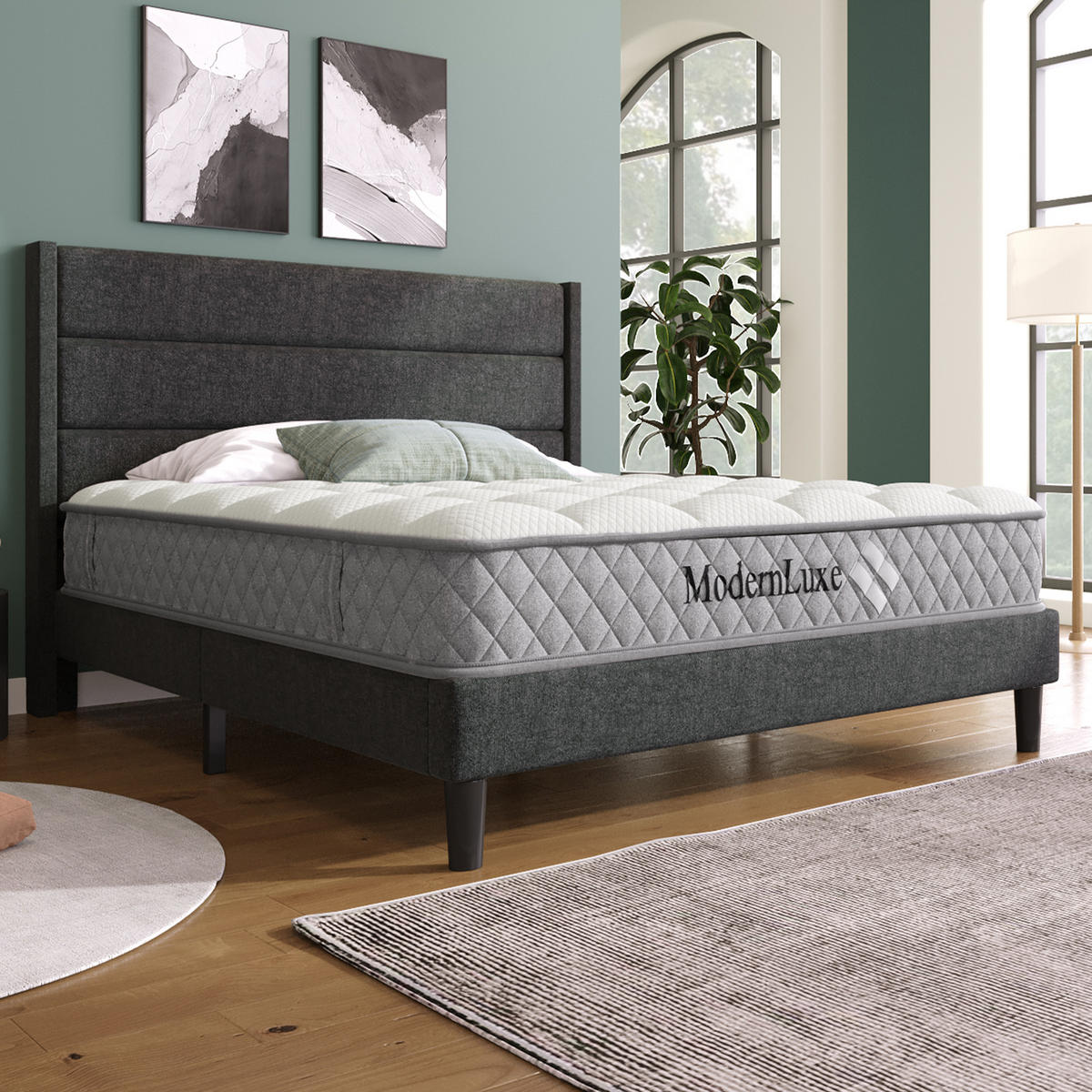 POLSTERBETT aus Leinen 140x200 cm in Dunkelgrau mit Matratze & Lattenrost - Dunkelgrau, Textil (140/200cm) - Modfu