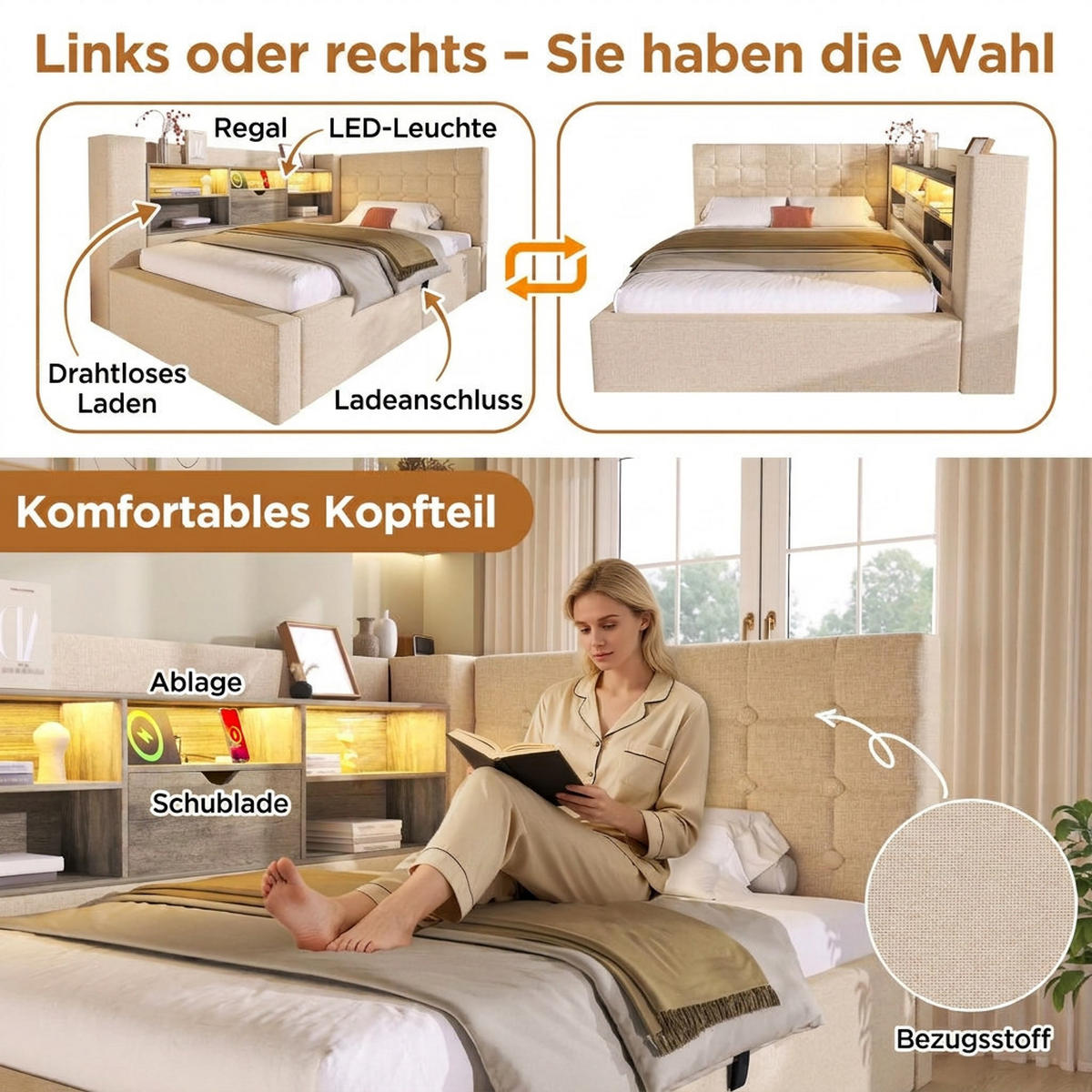 POLSTERBETT 90/190 cm Beige mit LED-Beleuchtung und Stauraum (Ohne Matratze) - Beige, Textil (90/190cm) - Oxeza