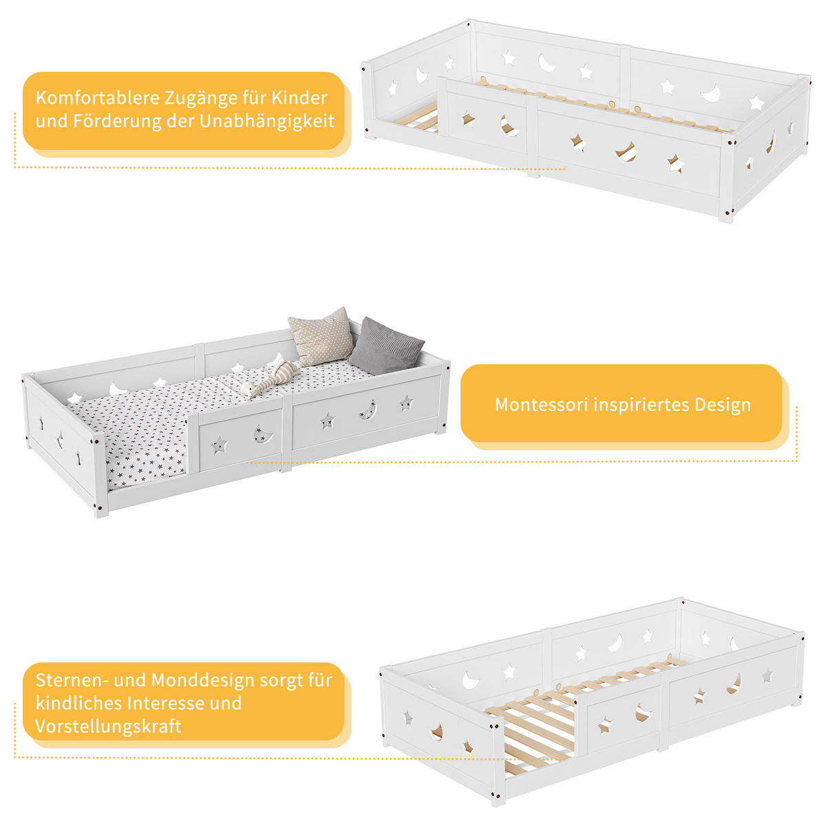 KINDERBETT 90x200 cm Massivholz Lattenrost Stern Mond weiß - Weiß, Holz (90/200cm) - LEBENLANG