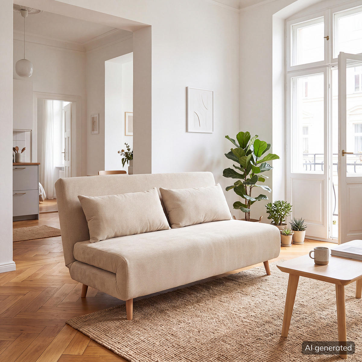 SCHLAFSOFA - Beige/Buchefarben, Holz/Buchenholz (141/81/90cm) - home24
