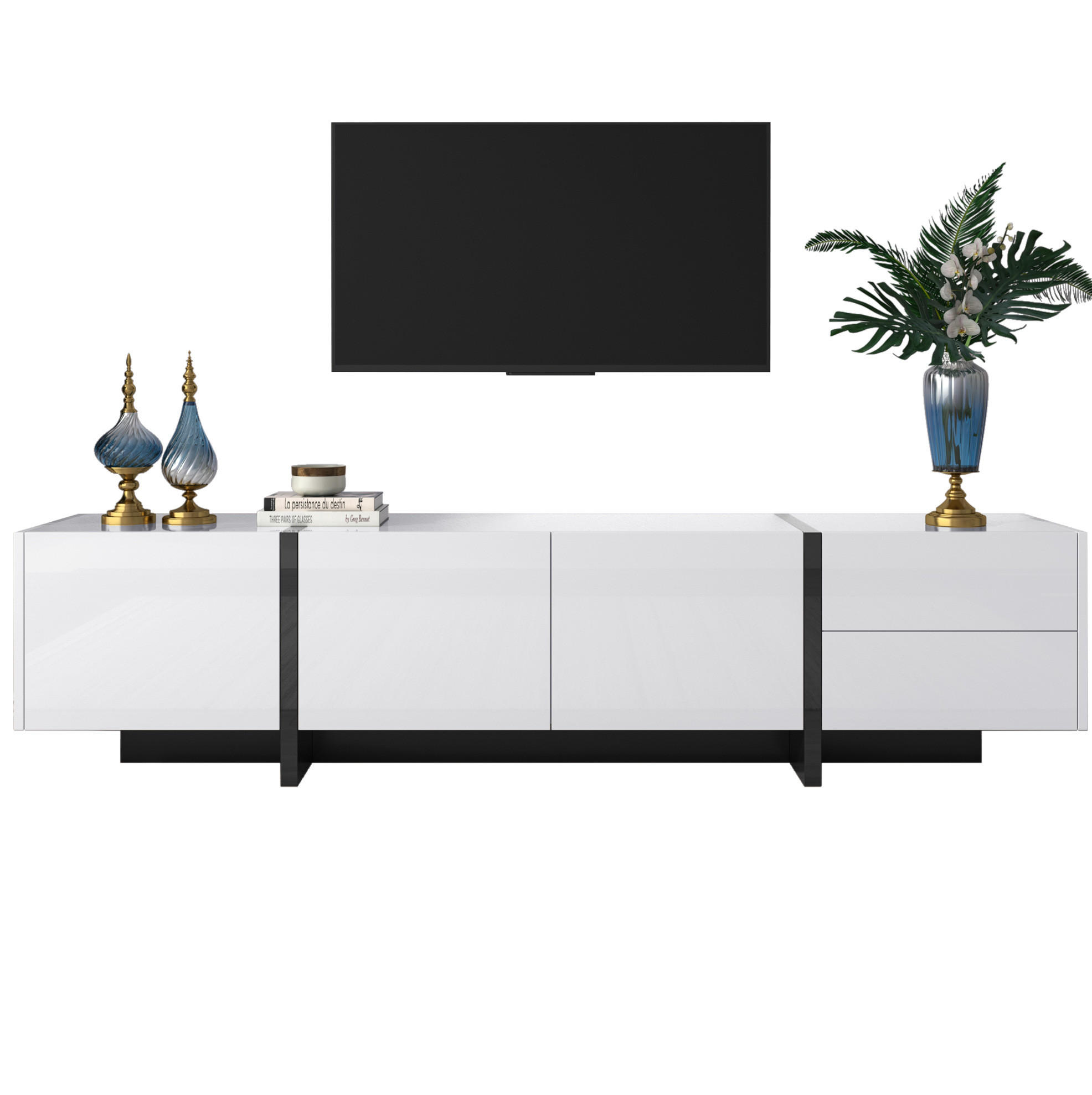 TV-SCHRANK in Weiß Hochglanz mit schwarzen Füßen, 3 Türen und 2 Schubladen 190/35/45 cm - Weiß, Holzwerkstoff (190/45/35cm) - Redom