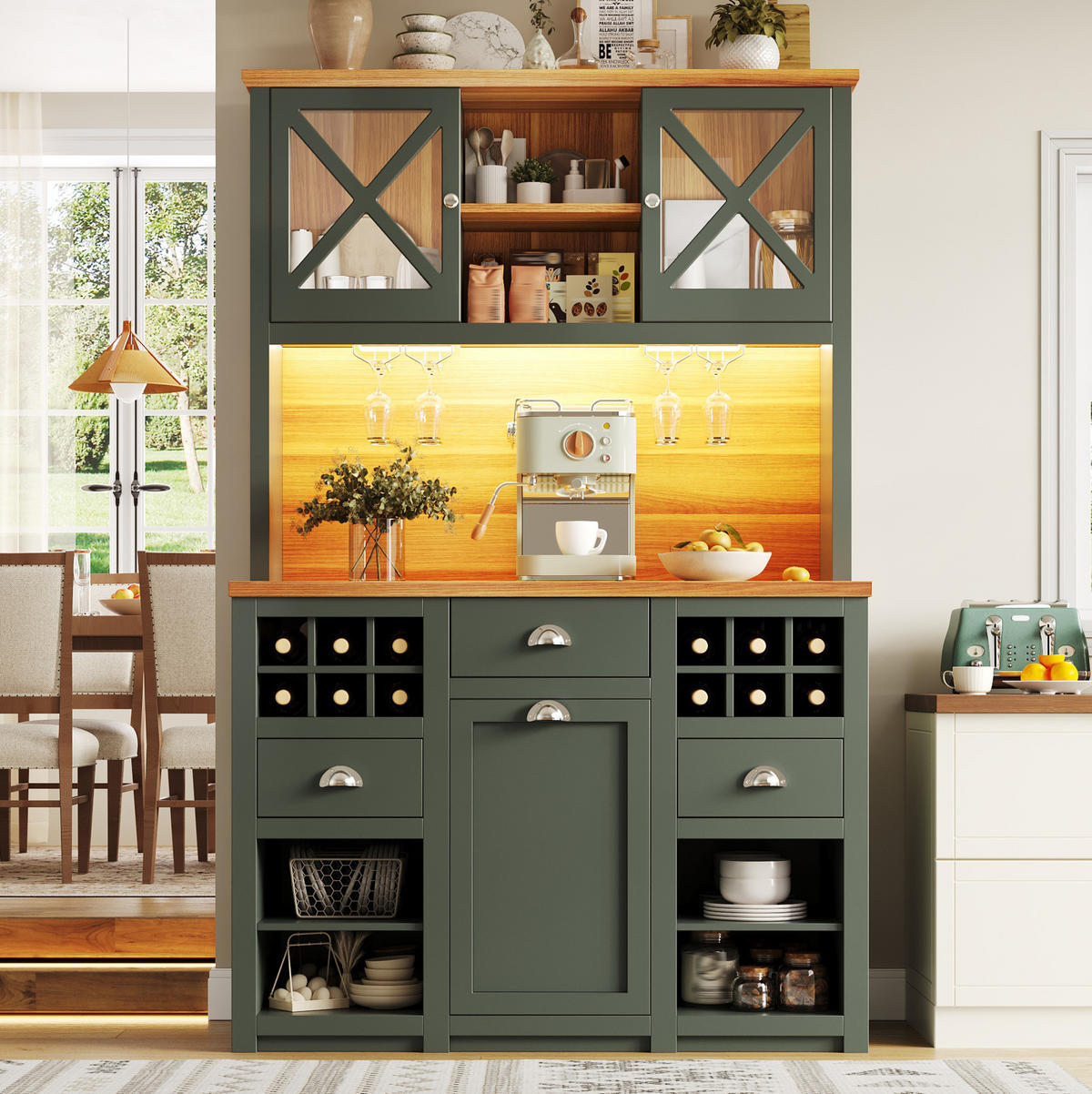 BUFFET 120/45/188 cm antikgrün aus MDF und Glas mit LED - Dunkelgrün, Holzwerkstoff (120/188/45cm) - OKWISH