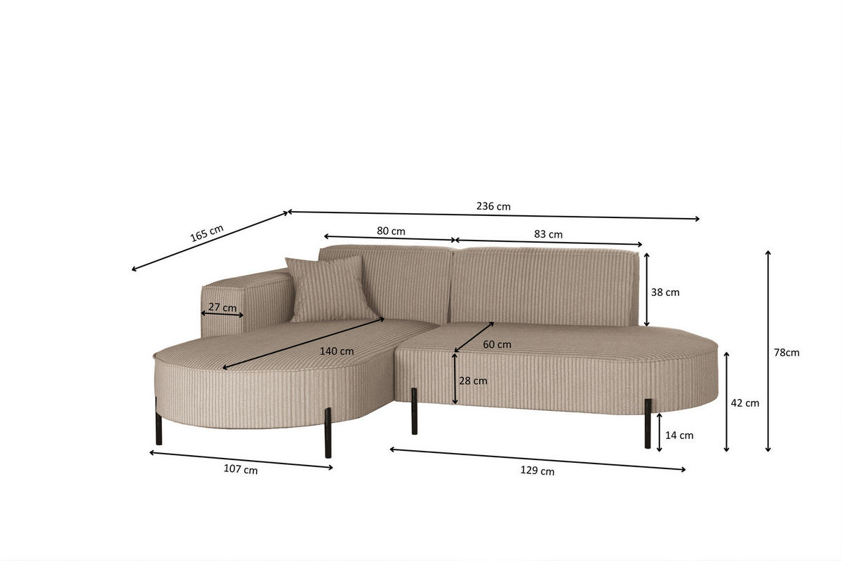 ECKSOFA L-Form Designer Modena Rein stoff Cord Dunkelbeige Links - Beige, Holzwerkstoff (165/236cm) - Kaiser Möbel