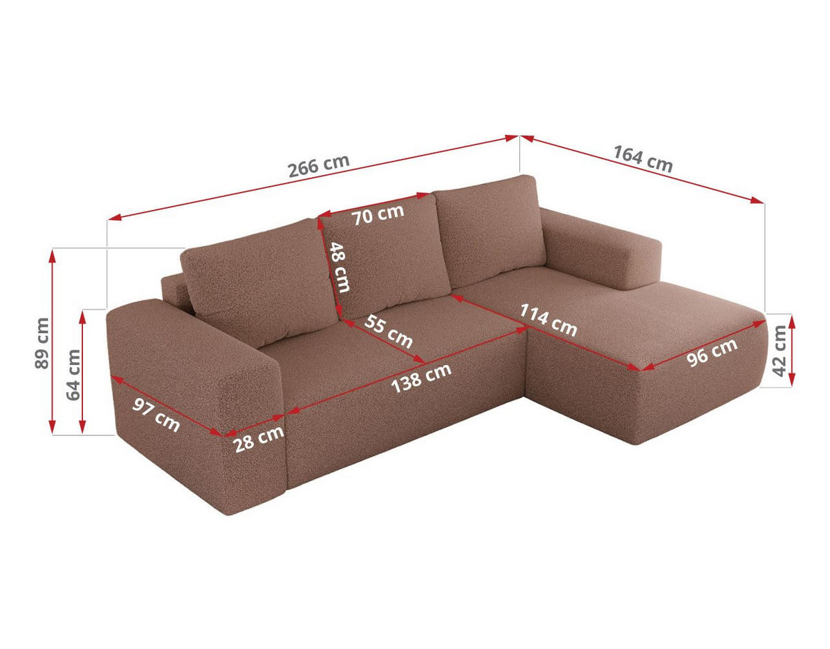 ECKSOFA TRENTINO L Rosa Boucle - Rechts - Schwarz/Rosa, Textil (164/266cm) - MKS