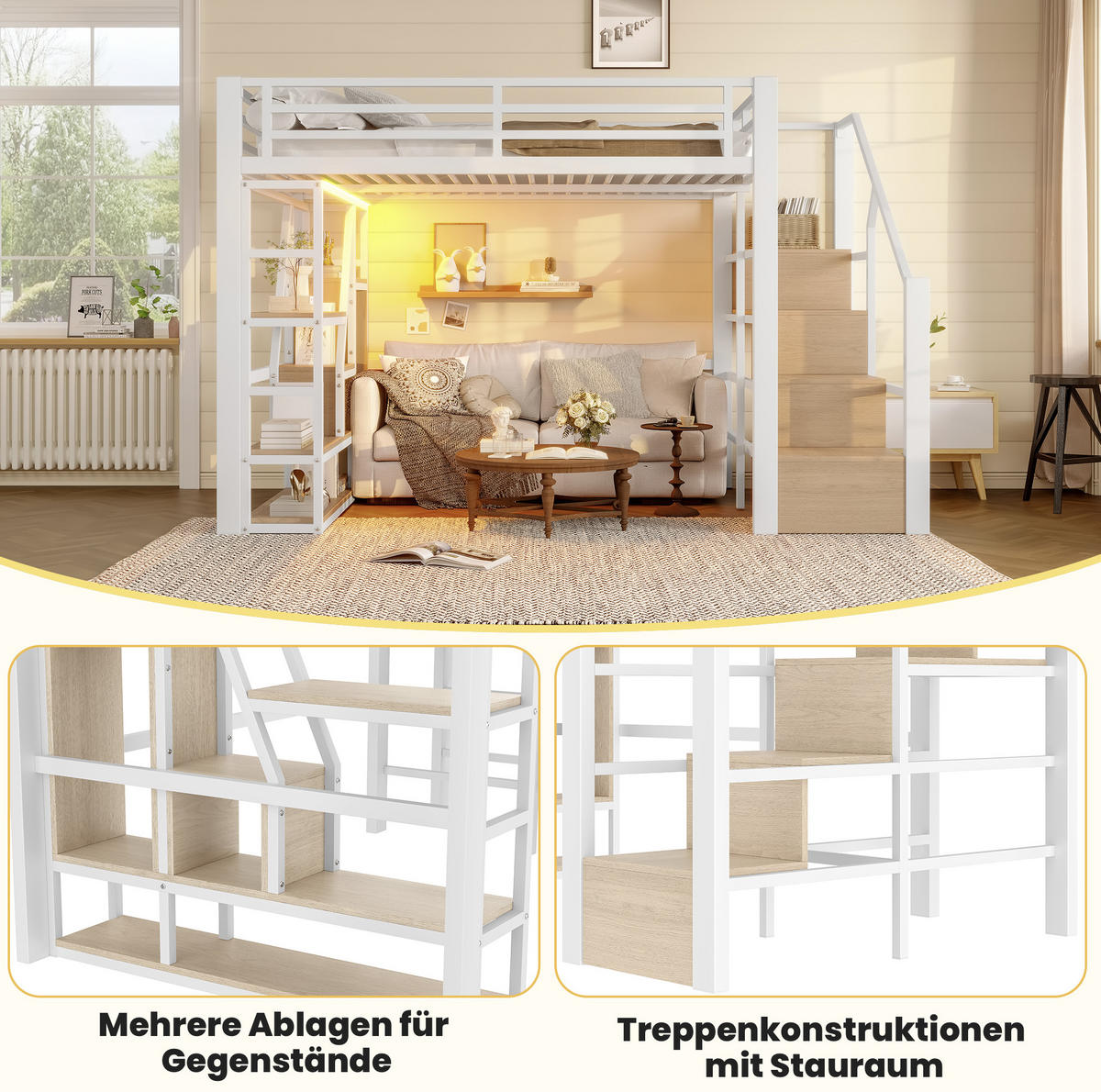 HOCHBETT 140/200 cm Weiß aus Metall und MDF mit LED-Lichtleiste - Weiß, Holzwerkstoff (140/200cm) - OKMYHOME