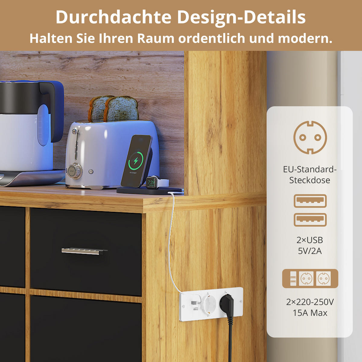 BUFFET 100/40/180 cm Schwarz mit LED-Beleuchtung mit APP-Steuerung und 3 Schubladen - Schwarz, Holz (100/180/40cm) - Oxeza