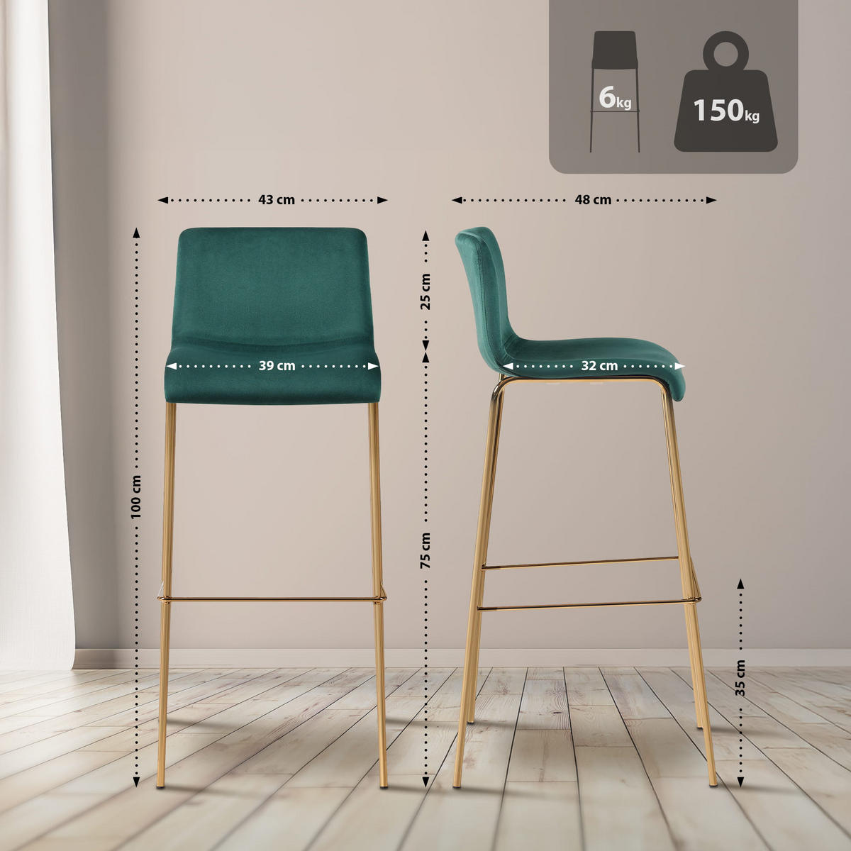 BARHOCKER Samt Grün - Goldfarben/Grün, Textil/Metall (43/100/48cm) - CLP