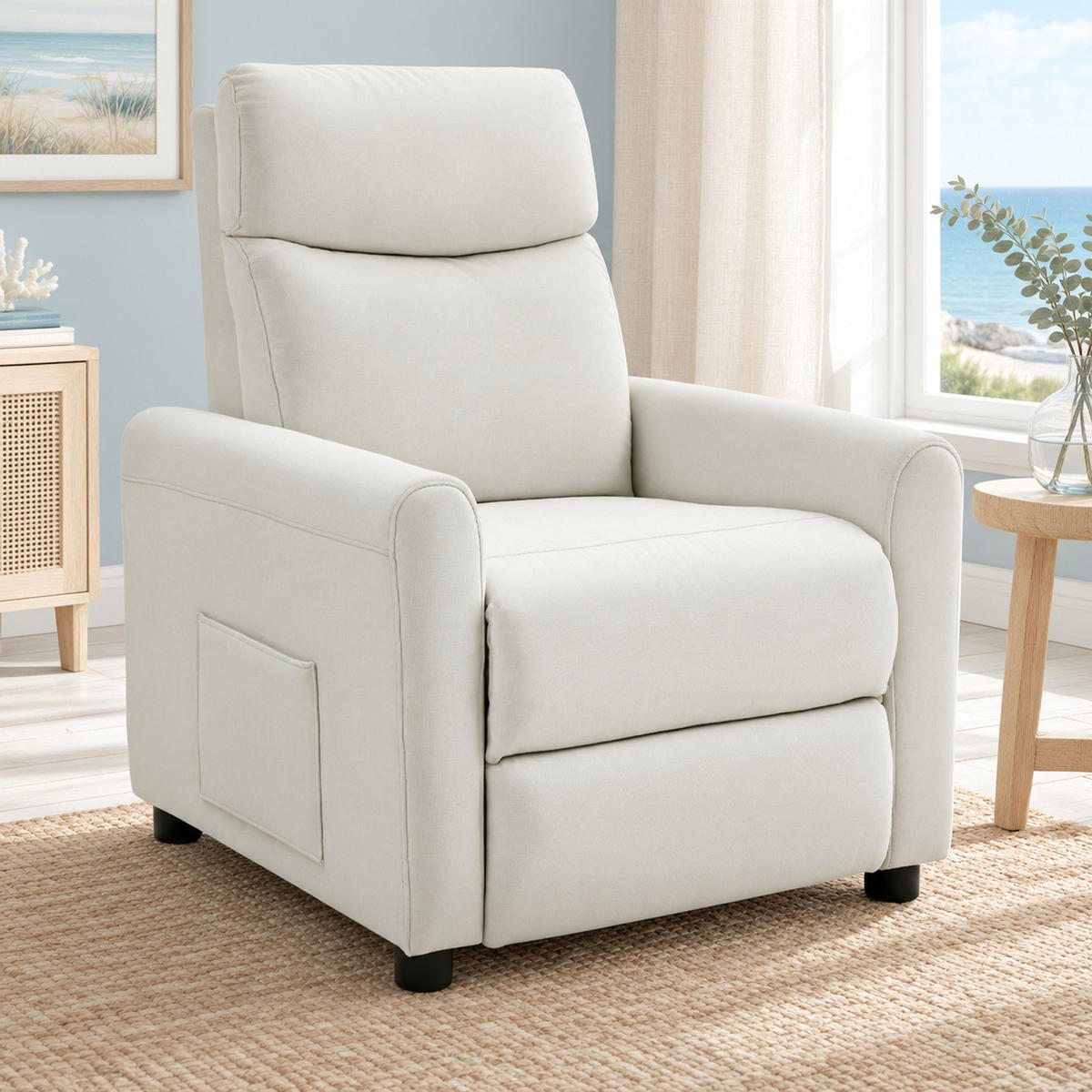 RELAXSESSEL in Cremeweiß 73x86x100 cm mit 145° Liegeposition und Seitenfächern - Creme, Textil (86/100/73cm) - IVMEU