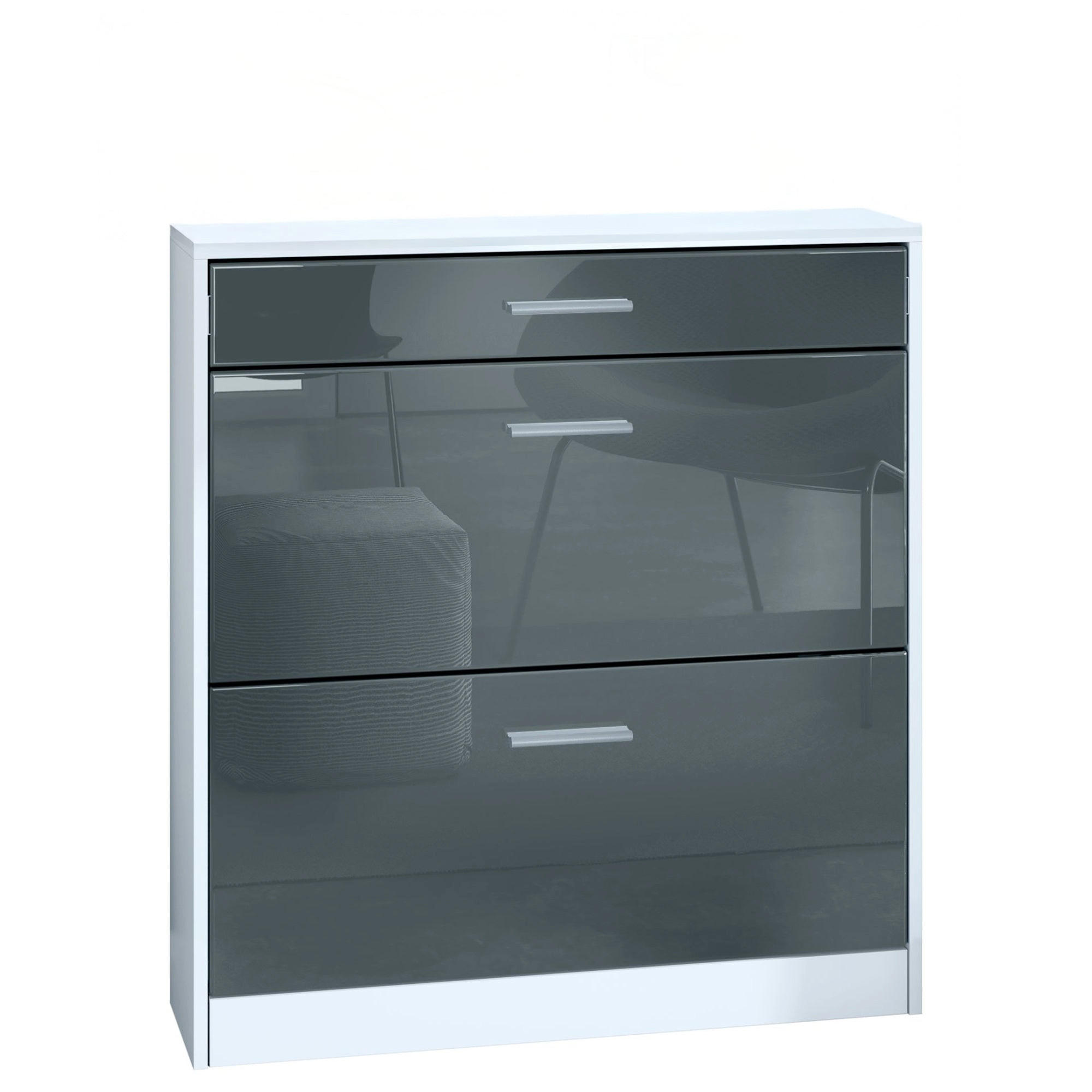 SCHUHSCHRANK Roma Schmal mit 2 Klappen und 1 Schublade, Platzsparender Schuhkipper, Weiß matt/Grau Hochglanz (89 x 95,5 x 23 cm) - Grau, Holzwerkstoff (89/95.5/23cm) - InnoFurn