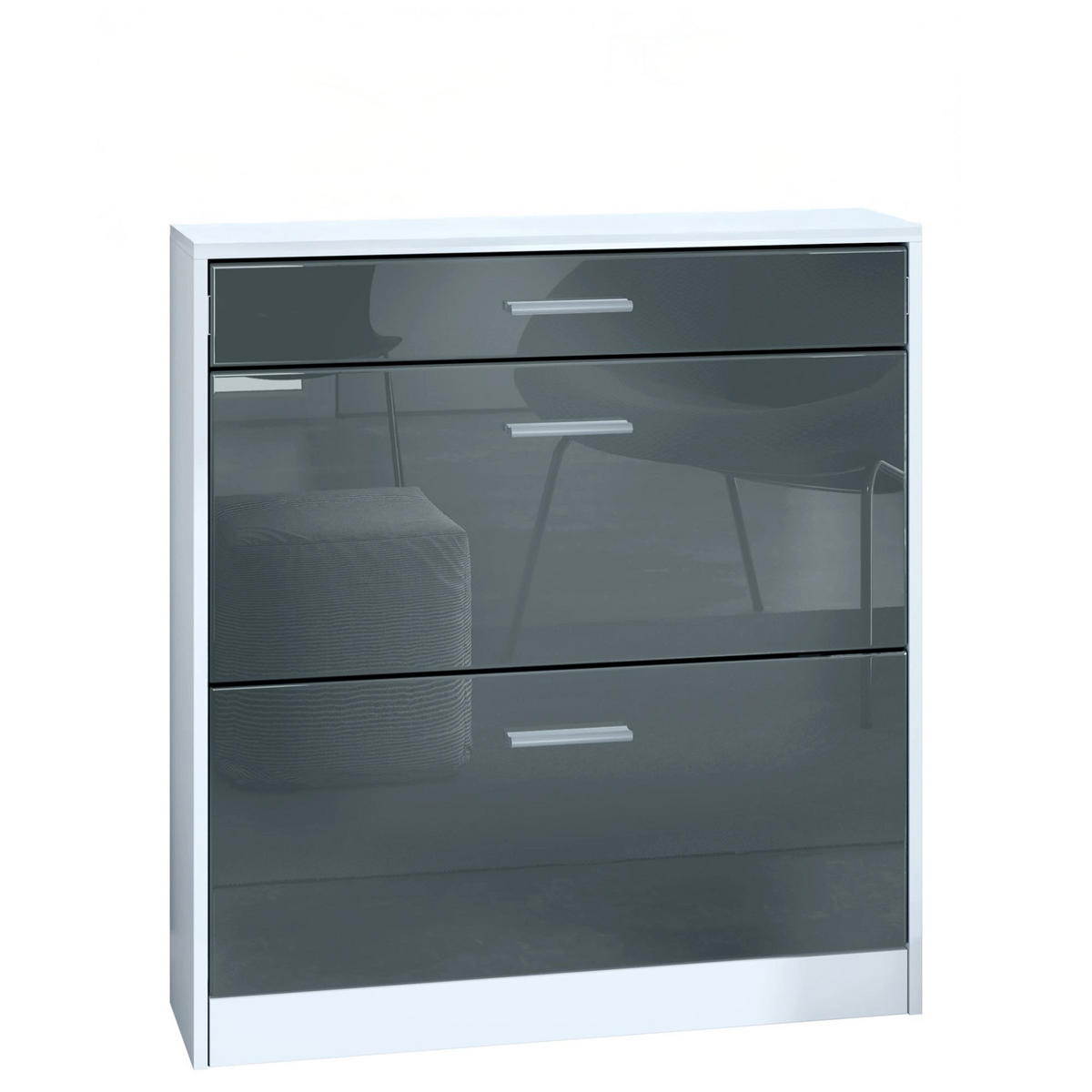 SCHUHSCHRANK Roma Schmal mit 2 Klappen und 1 Schublade, Platzsparender Schuhkipper, Weiß matt/Grau Hochglanz (89 x 95,5 x 23 cm) - Grau, Holzwerkstoff (89/95.5/23cm) - InnoFurn