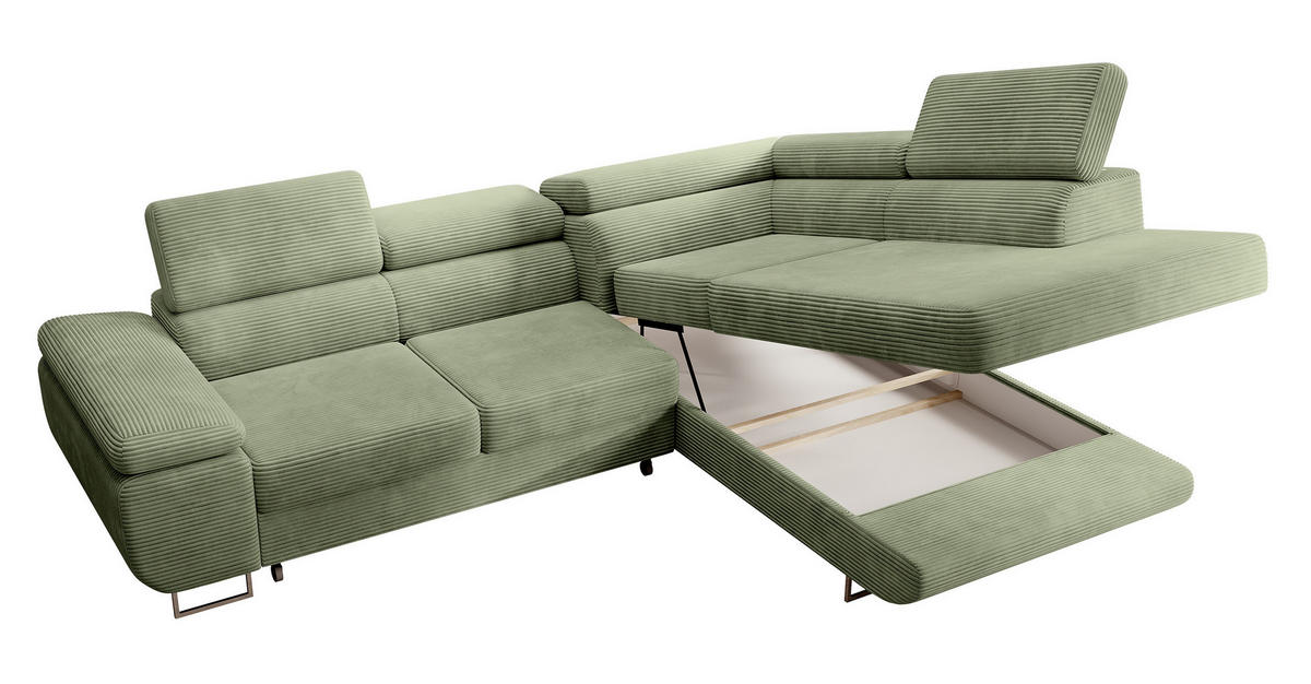 ECKSOFA Stevil Salbeigrün Cordbezug - Salbeigrün/Silberfarben, Textil/Metall (275/203cm) - Selsey