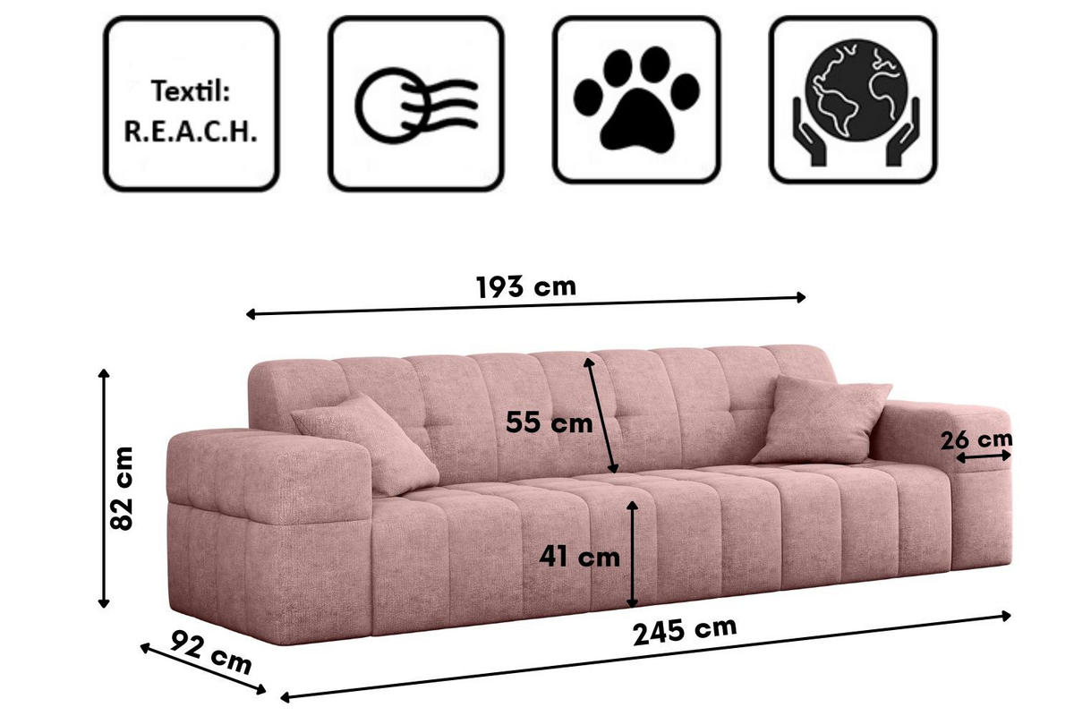 SOFA 3 Sitzer NIMES Stoff Perfect Harmony Rosa - Rosa, Holz (245/82/92cm) - Kaiser Möbel
