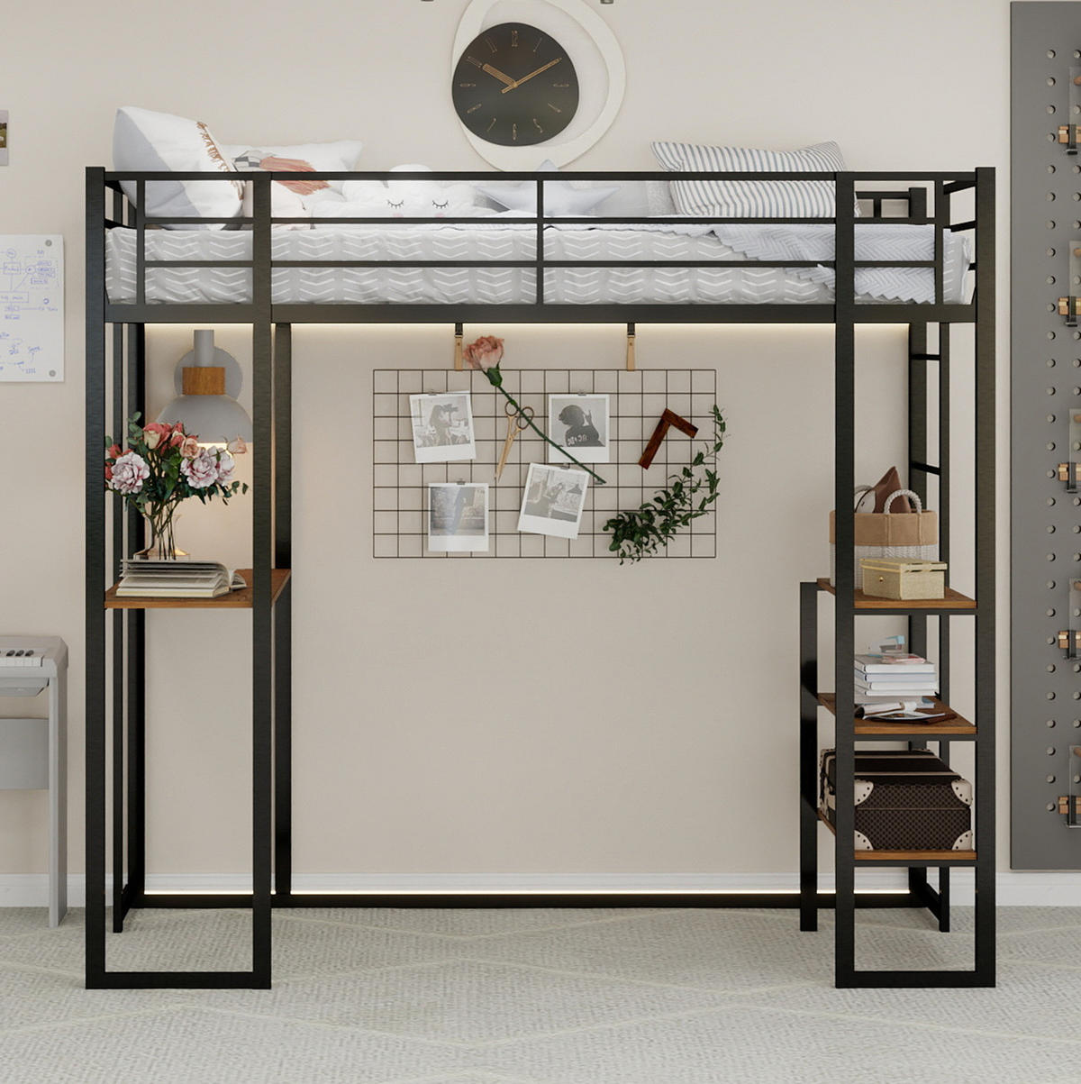ETAGENBETT 90/200 cm schwarz aus Eisen mit Schreibtisch und beidseitiger Leiter - Schwarz, Metall (90/200cm) - OKWISH