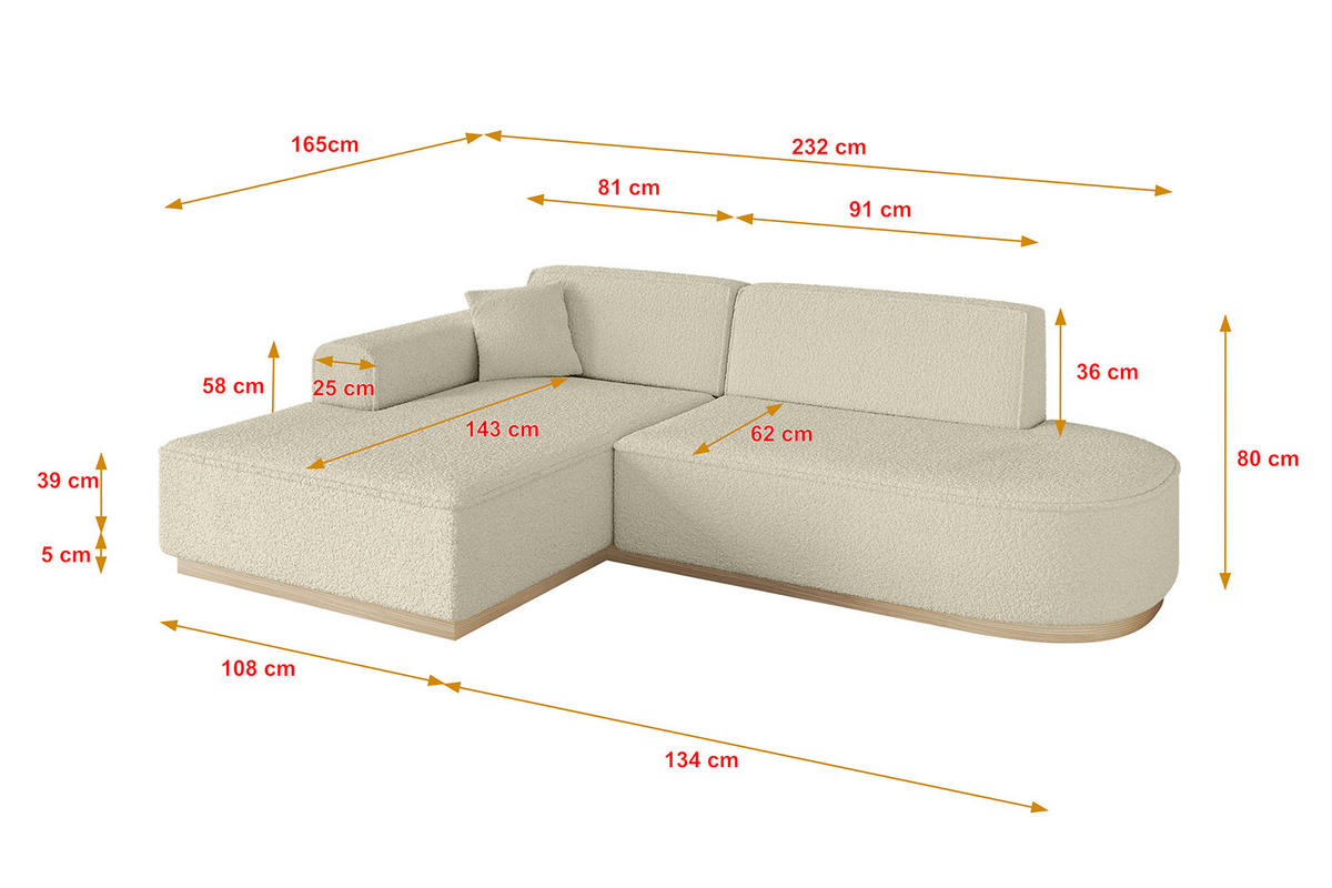 ECKSOFA Ottomane Links IREA-L1 - 232x165x80 cm Beige - Creme, Holzwerkstoff/Textil (232/165cm) - ALTDECOR