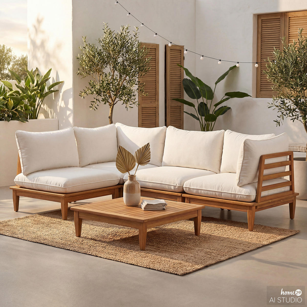 LOUNGEGRUPPE - 5-teilig - Akazie massiv / Webstoff - Akazie Braun / Creme - Creme/Akaziefarben, Holz/Textil - home24