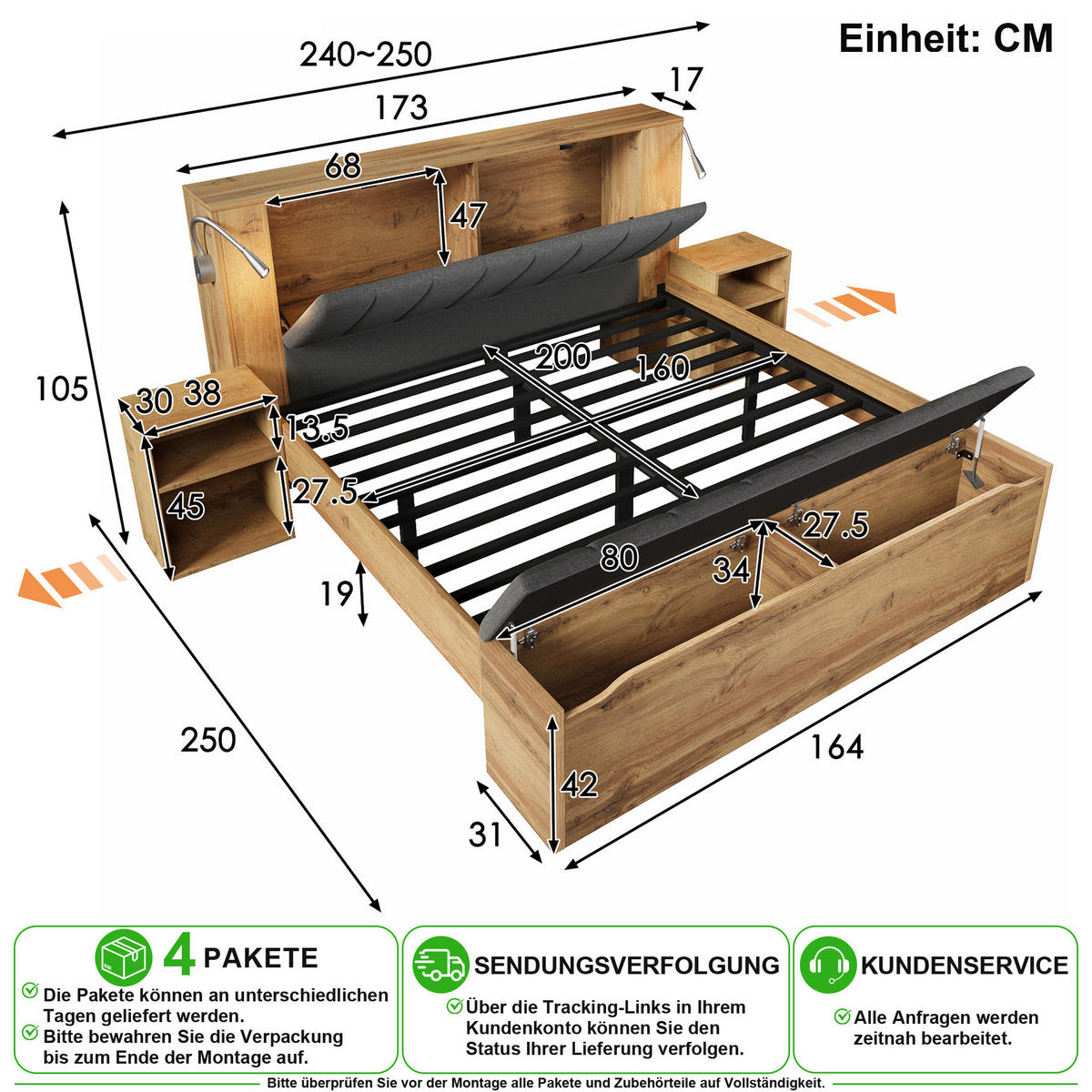 BETT 160/200 cm in Eiche mit Leselampen, USB und Bettbank - Eichefarben, Holz/Holzwerkstoff (160/200cm) - CHICFURN