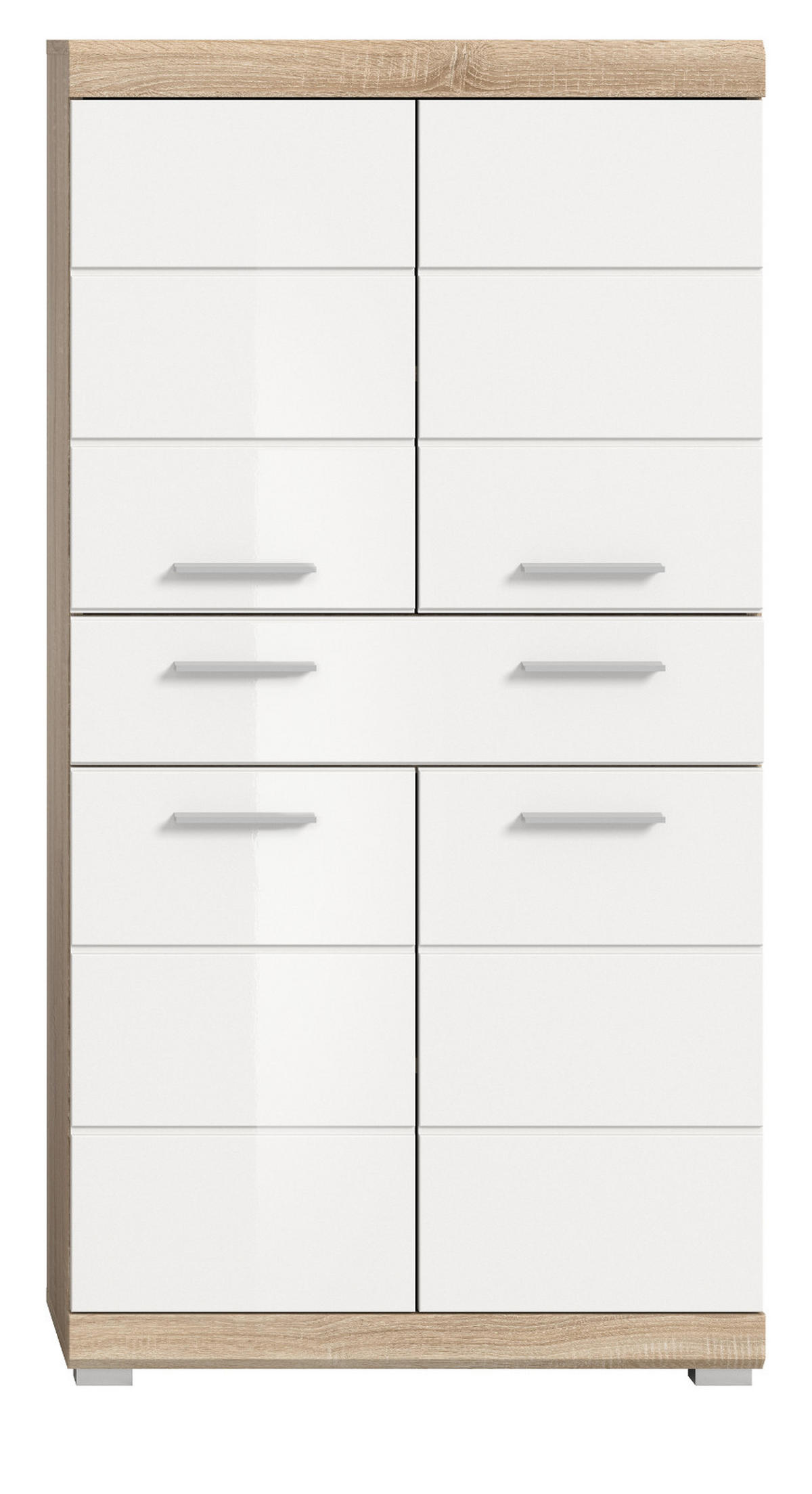 MIDISCHRANK weiß Hochglanz, Eiche 74 cm, Badschrank 4-türig - Weiß Hochglanz/Eichefarben, Holzwerkstoff/Kunststoff (74/141/31cm) - Inn.Furn