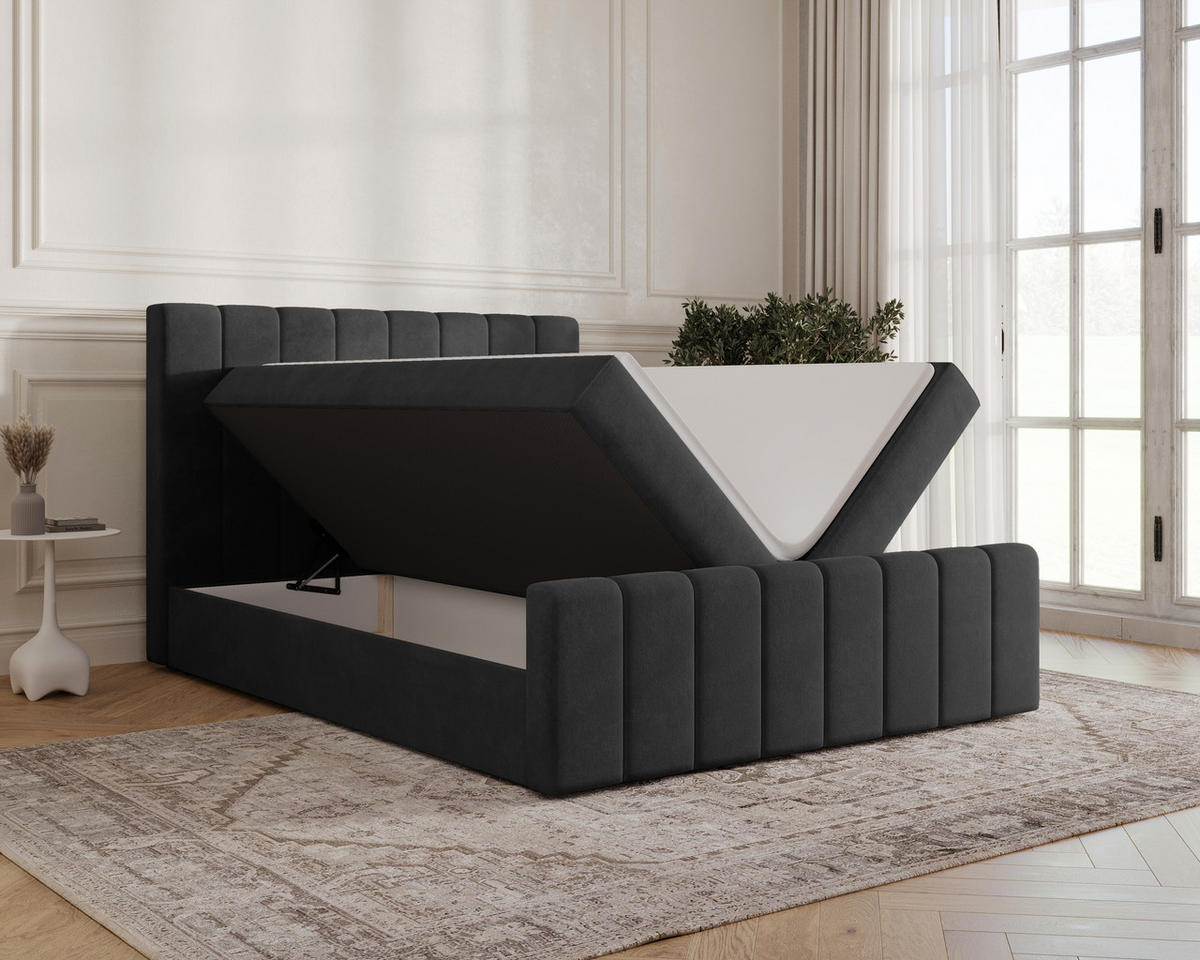 BOXBETT 01 BIS 180 x 200 cm - Manila - Modernes Polsterbett mit Bettkasten inkl. PU-Schaum-Topper und Federmechanismus - Schwarz, Holz (180/200cm) - ROYAL24_MARKT