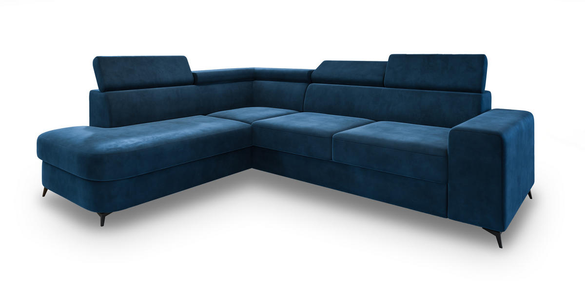 ECKSOFA ALVORO L-S Blau Velours-Stoff mit Schlaffunktion - Blau, Holz (253/190cm) - MASSENO