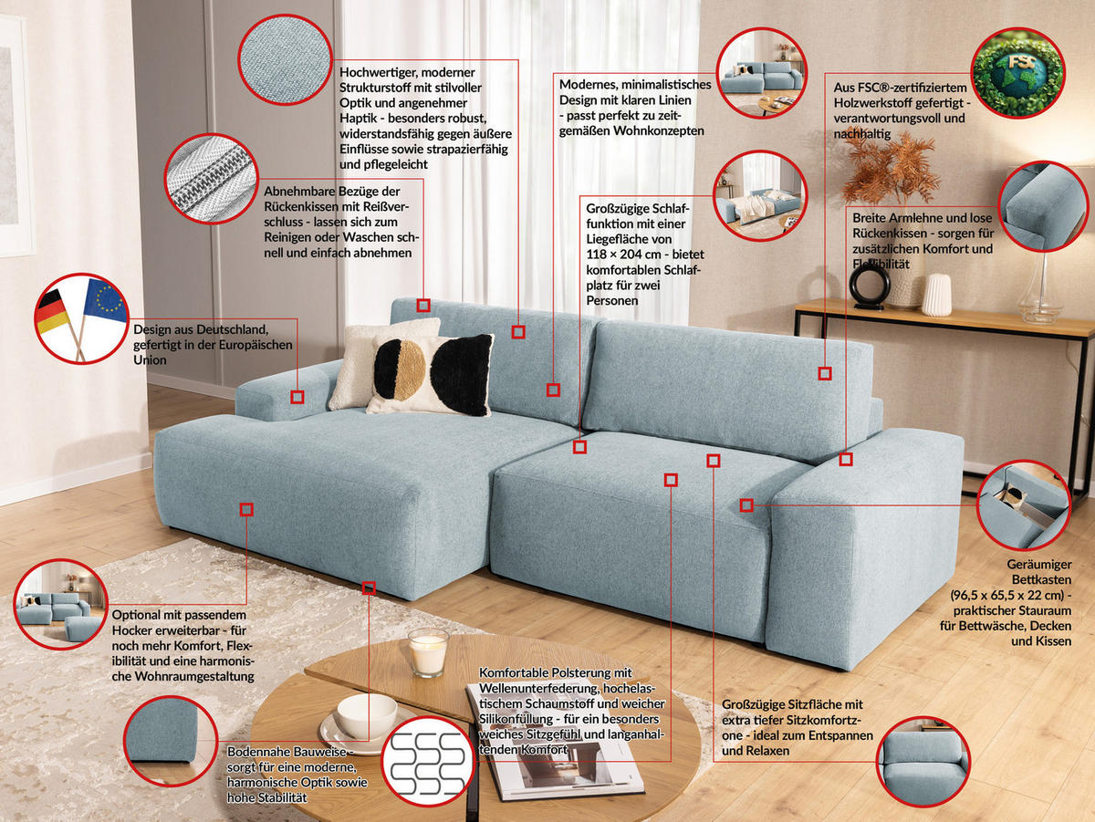 ECKSOFA inkl. Hocker Lennon aus Hellblau Strukturstoff mit Schlaffunktion und Bettkasten - Schwarz/Hellblau, Holz/Kunststoff (137/264cm) - S-Style