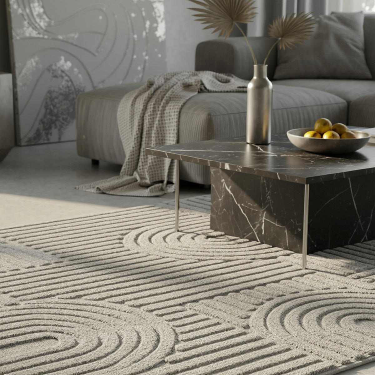 TEPPICH 3D-Effekt Skandinavischer Boho Skulptural Waschbar Esszimmer Silber 160x230 cm – RIGI - Silberfarben, Textil (230/160cm) - KADIMA DESIGN