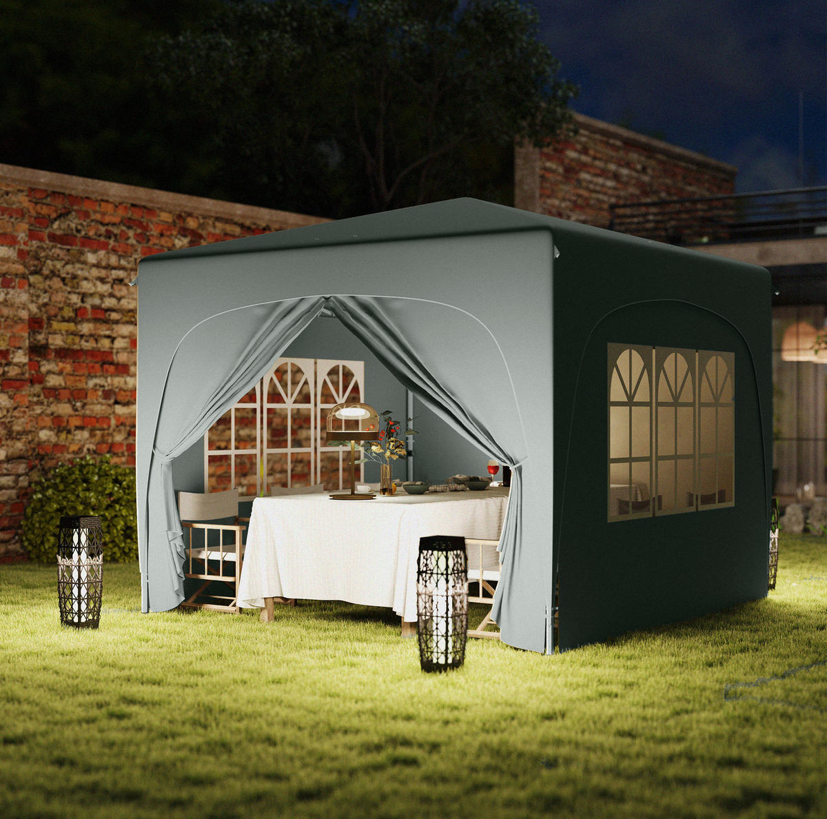 PAVILLON 300/300/273 cm hellgrau aus Polyester höhenverstellbar mit 4 Seitenteilen - Hellgrau, Textil (300/273/300cm) - OKWISH